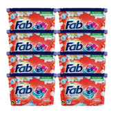 Multiple packs of Fab laundry detergent with colorful packaging on a white background