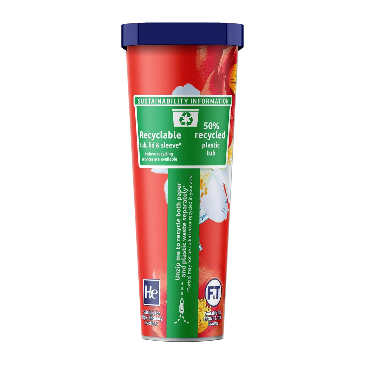 Red plastic tub with blue lid and green label on a white background