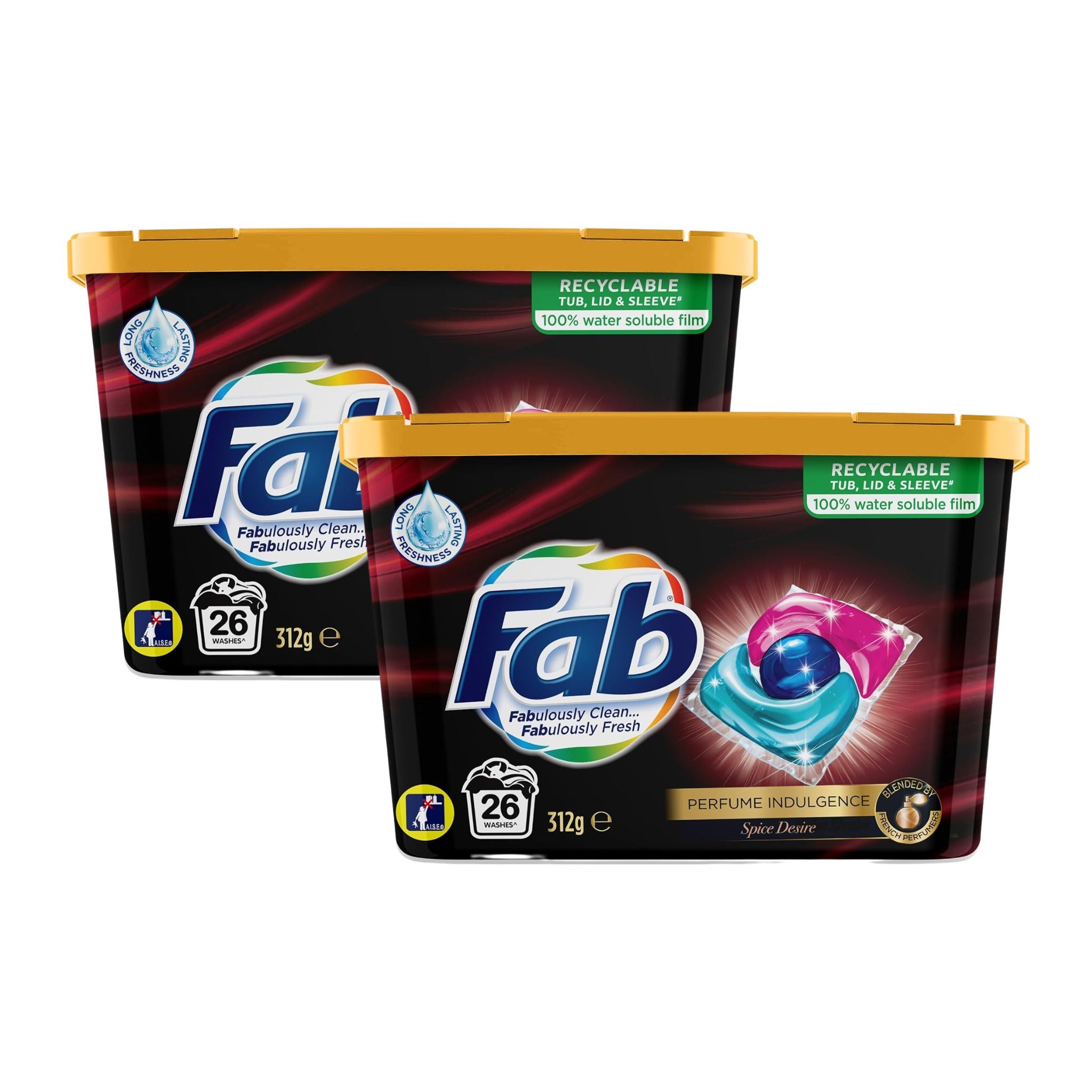 Two containers of Fab laundry detergent on a white background