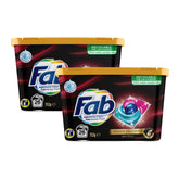 Two containers of Fab laundry detergent on a white background