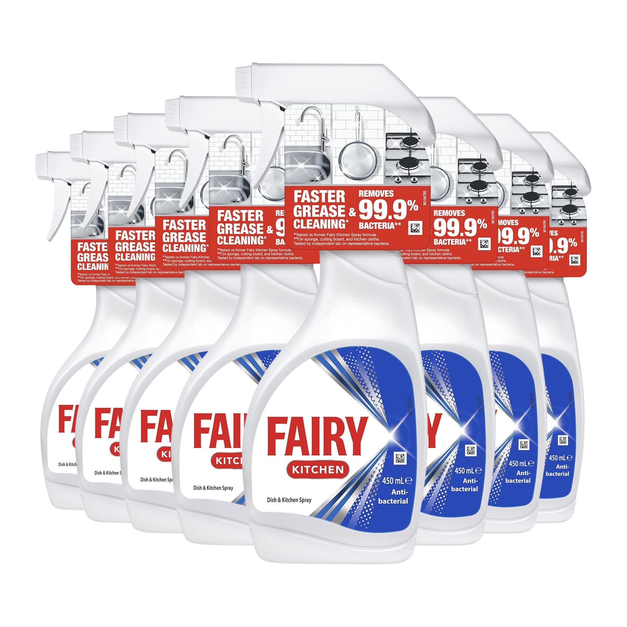Multiple bottles of Fairy Kitchen detergent on a white background