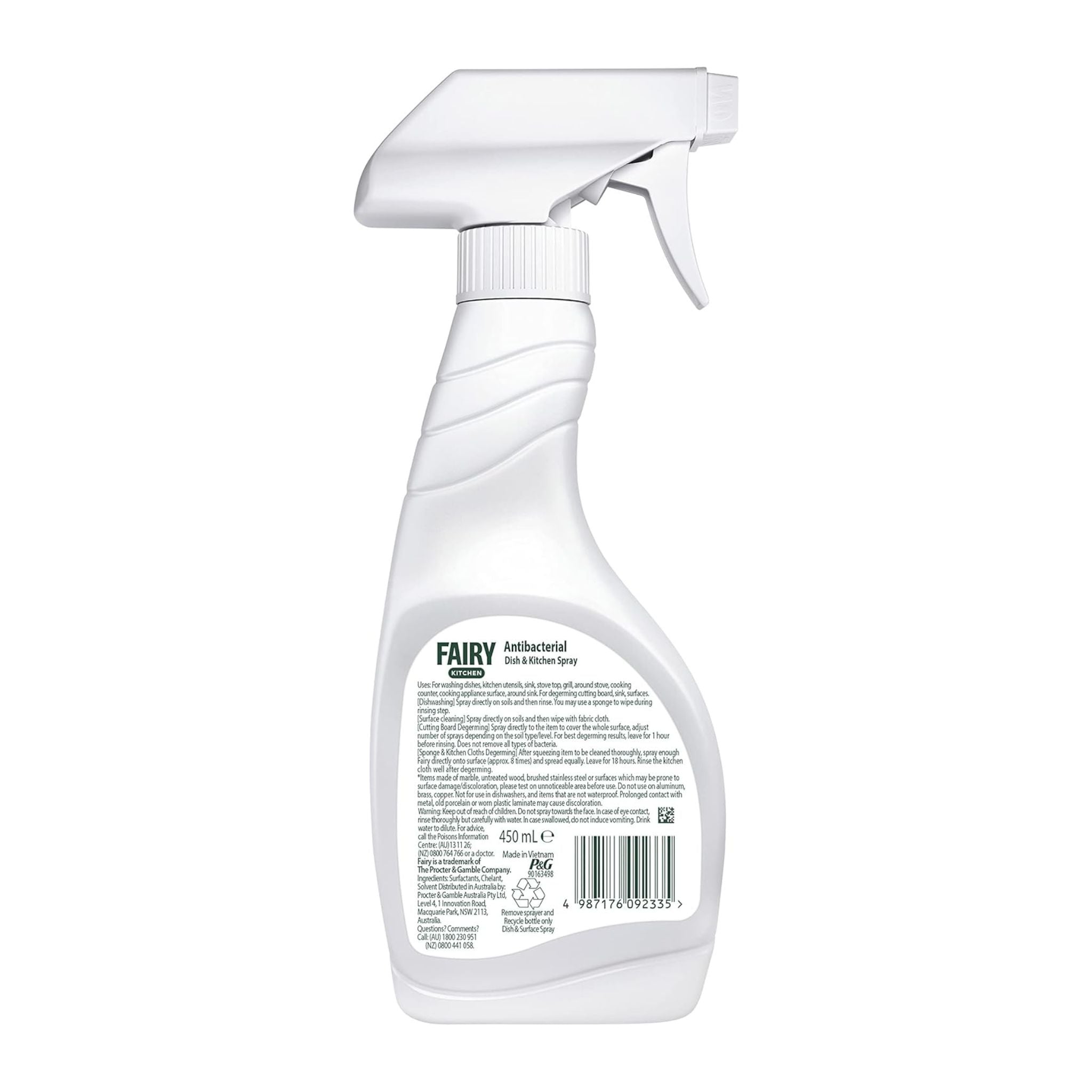 White spray bottle with a label on a white background