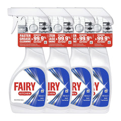 Four bottles of Fairy Kitchen dish soap with a red label on a white background