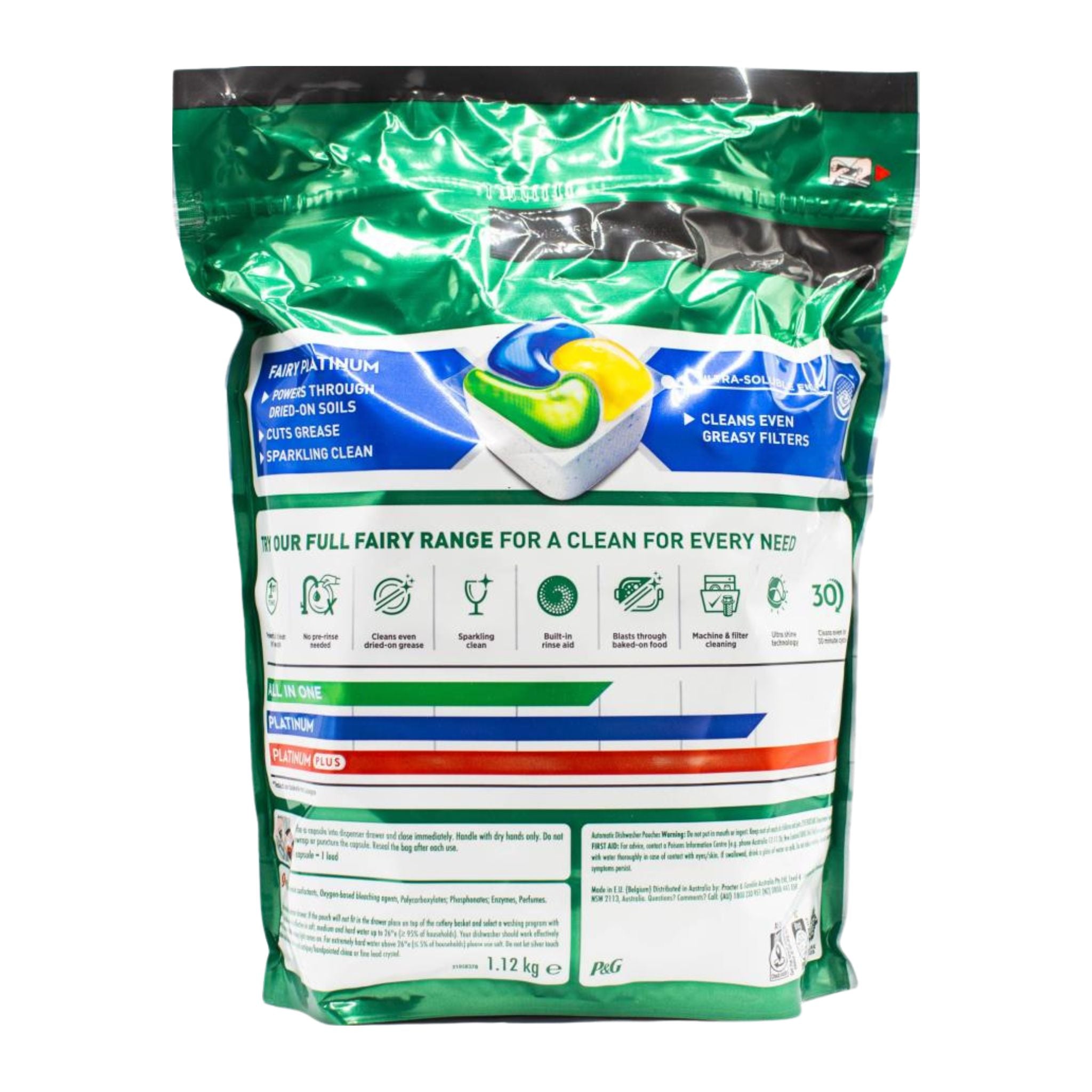 Back of Fairy Platinum Lemon Dishwasher Capsules 75 pack showing instructions and ingredients