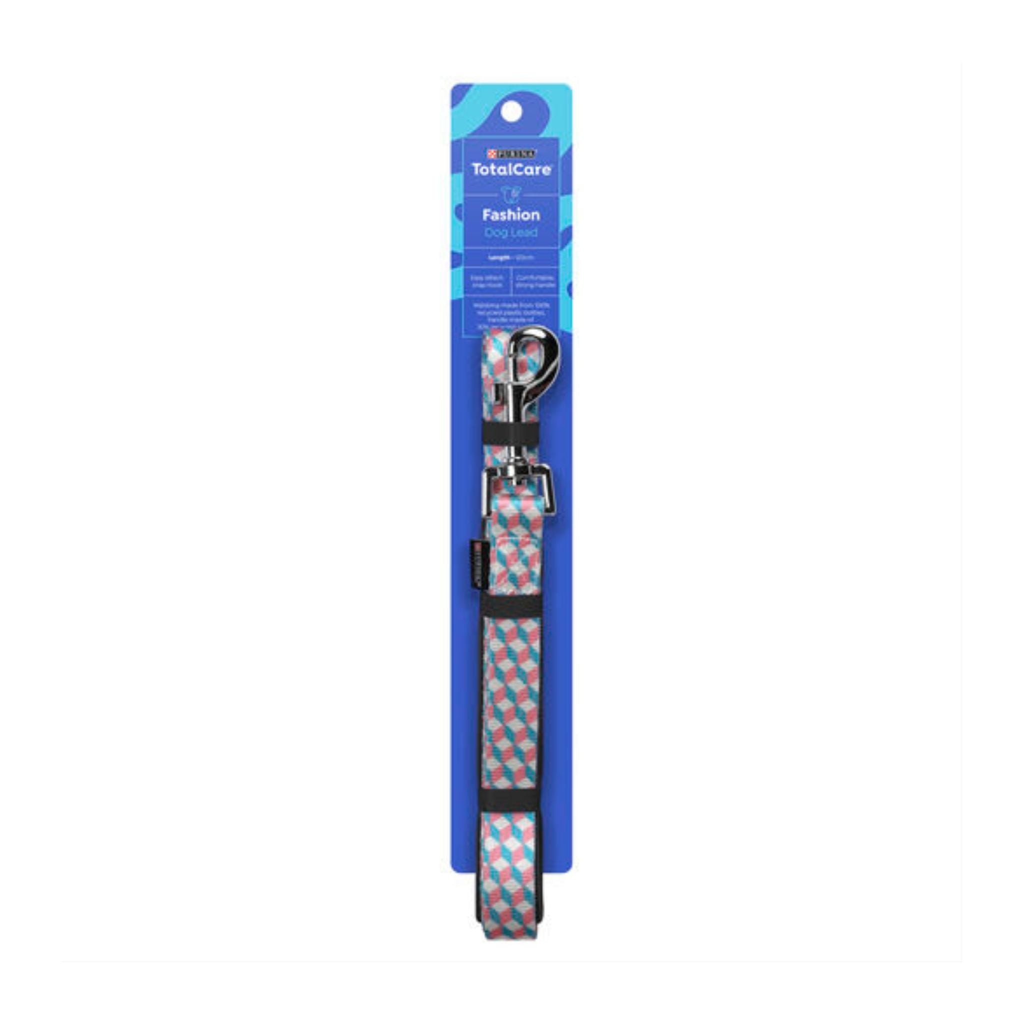 Aqua and pink diamond-patterned PURINA TOTAL CARE Fashion Dog Lead 120cm in retail packaging.