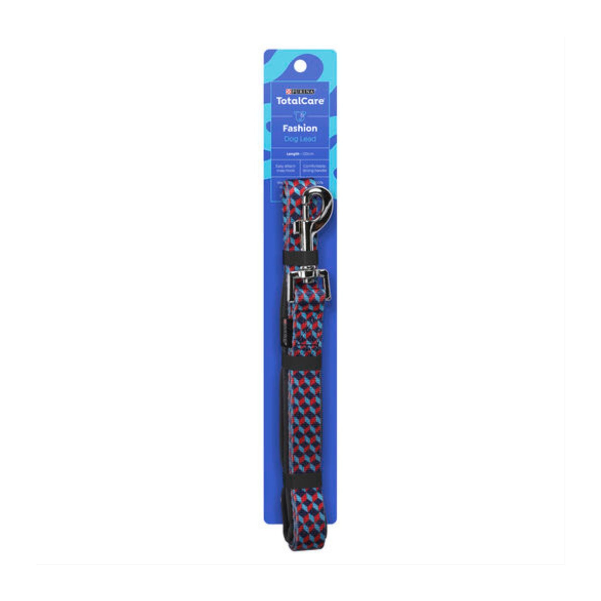 Red and navy diamond-patterned PURINA TOTAL CARE Fashion Dog Lead 120cm in retail packaging.
