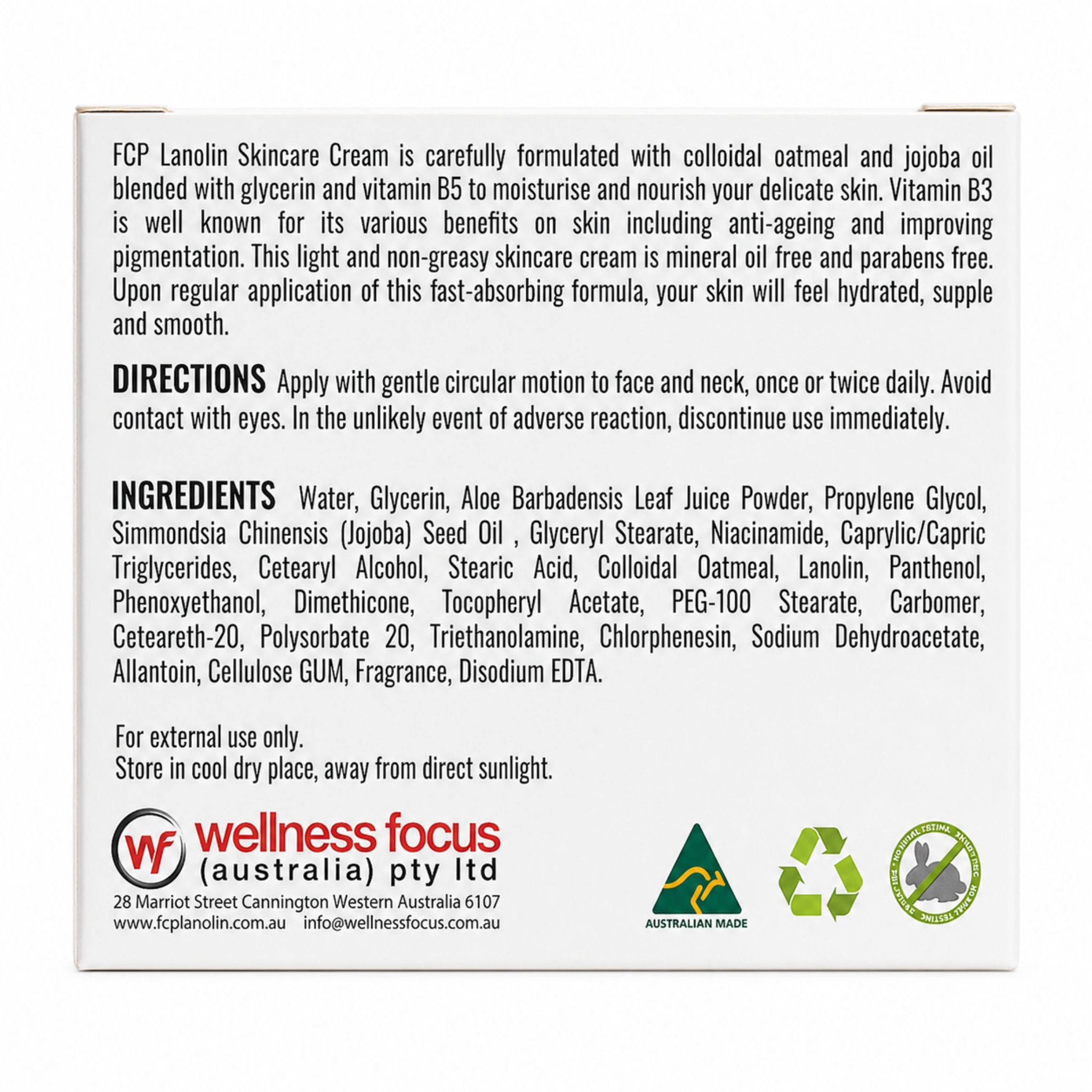 Back of a skincare cream packaging with text, directions, and ingredients listed.