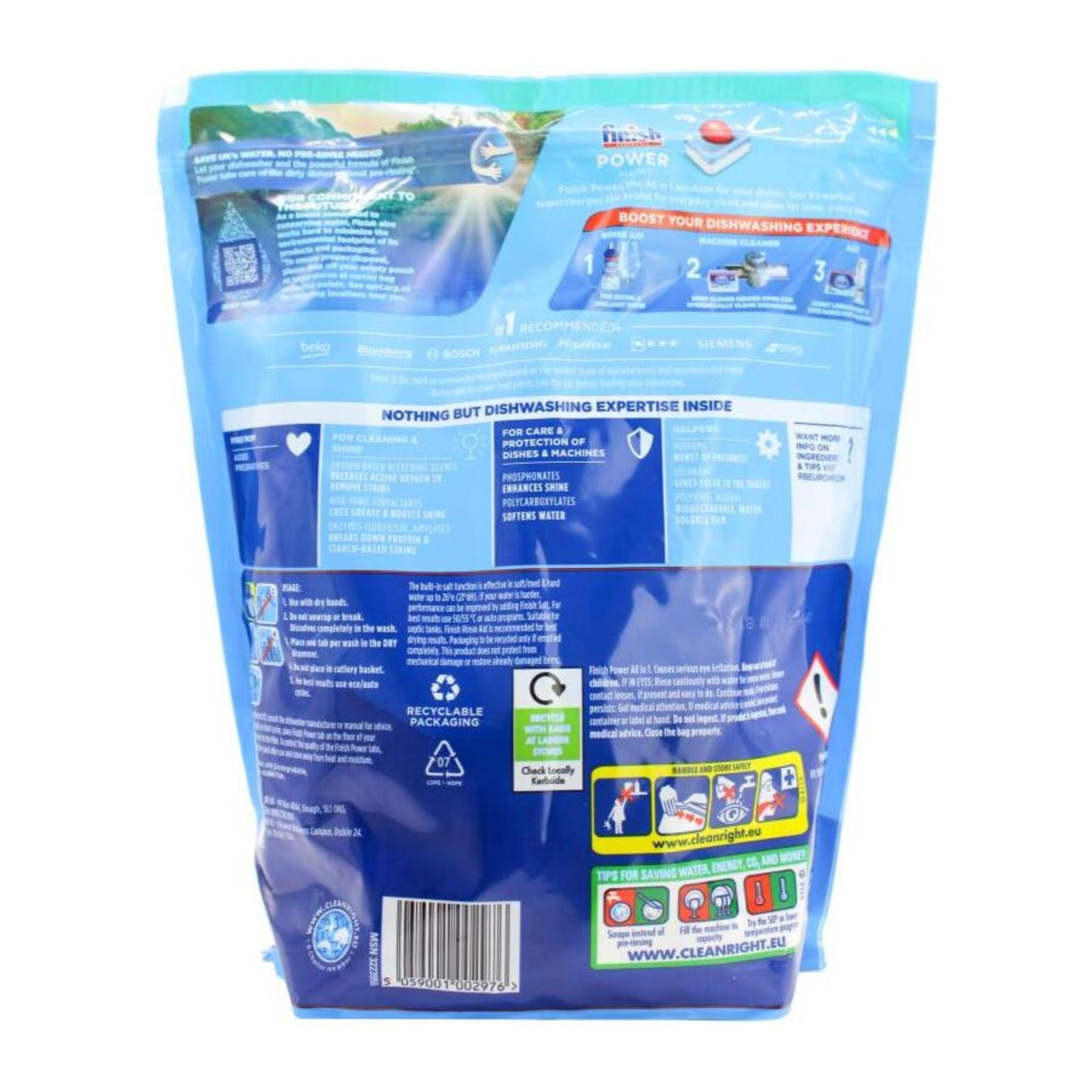 Back view of a blue detergent packaging with text and icons on a white background