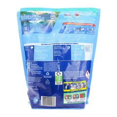 Back view of a blue detergent packaging with text and icons on a white background