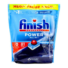 Finish Powerball dishwasher tabs packaging with a glass illustration on a white background