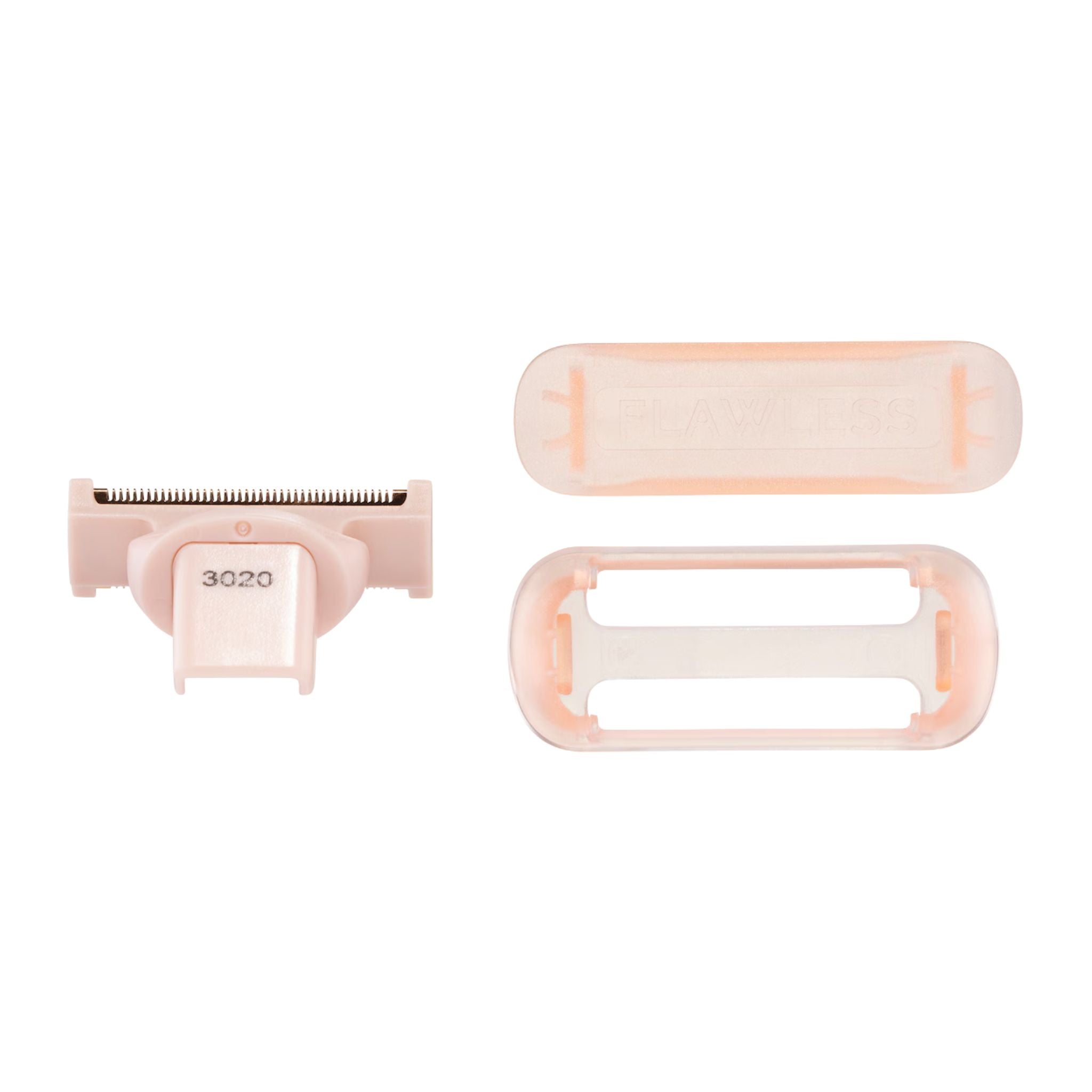 Set of pink and beige razors on a white background