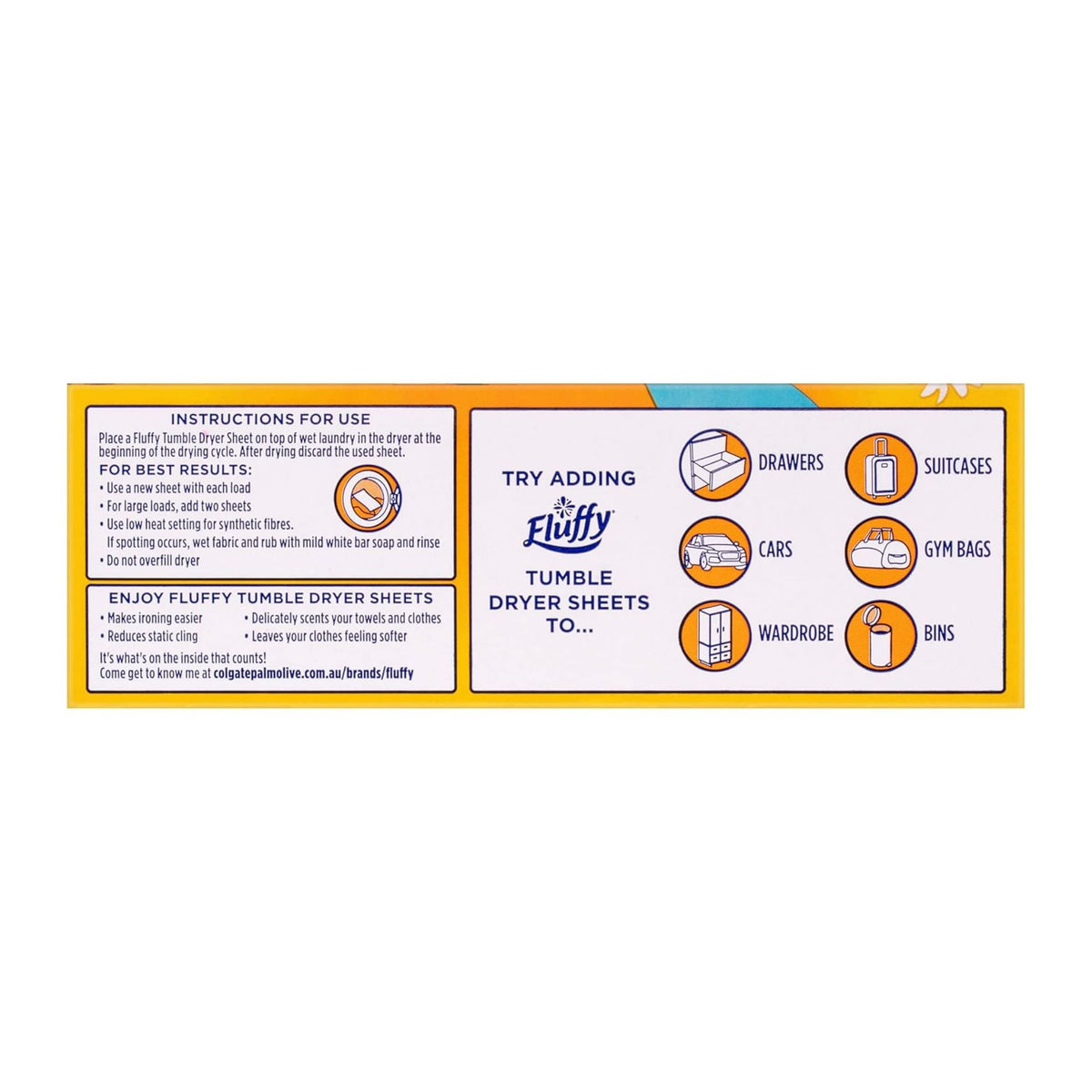 Fluffy tumble dryer sheets packaging with instructions and usage tips on a white background