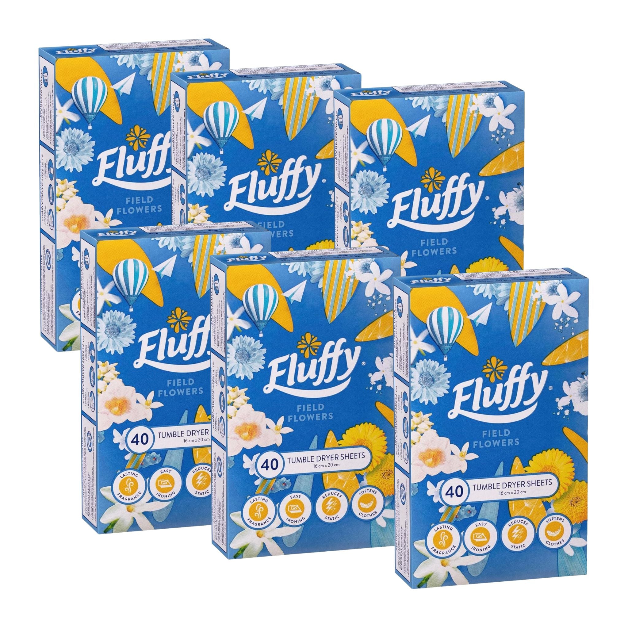 Multiple boxes of Fluffy tumble dryer sheets with floral design on a white background
