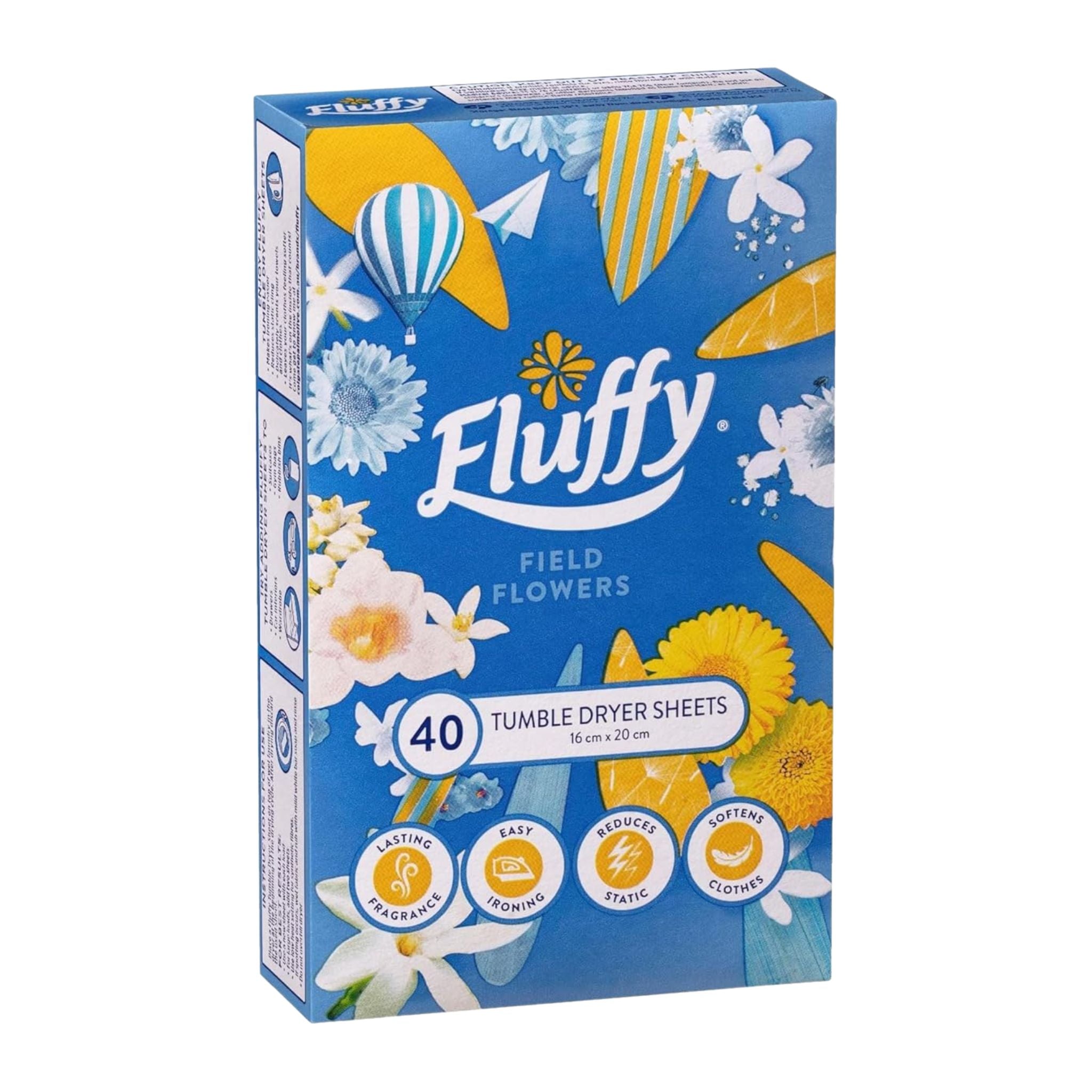 Box of Fluffy Field Flowers tumble dryer sheets with floral designs on a blue background