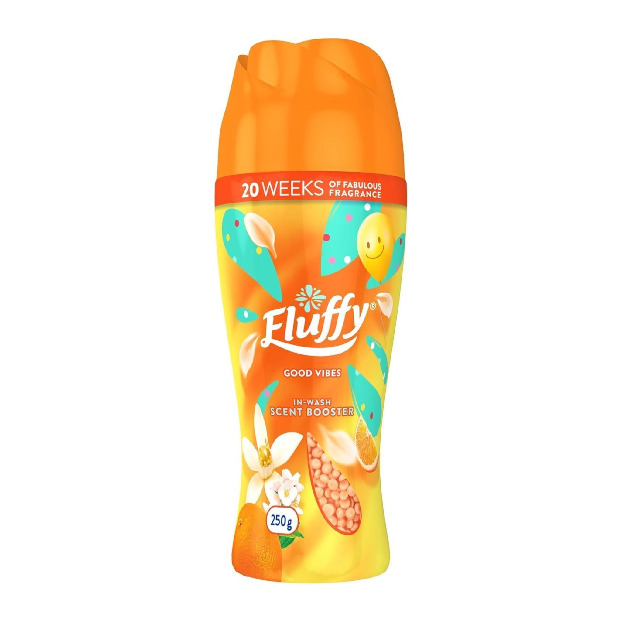 Front view of Fluffy In-Wash Scent Booster Good Vibes 250g bottle