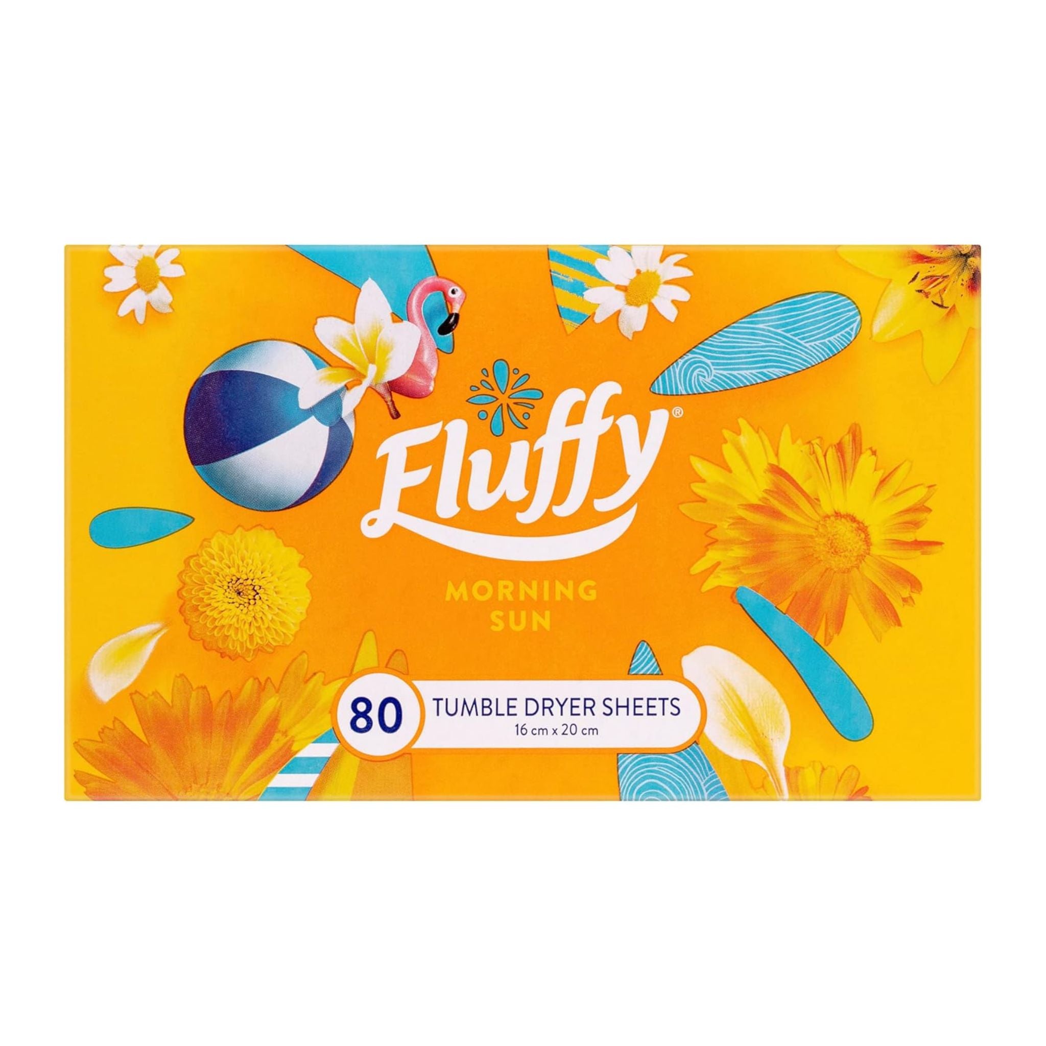 Box of Fluffy tumble dryer sheets with floral design on a white background