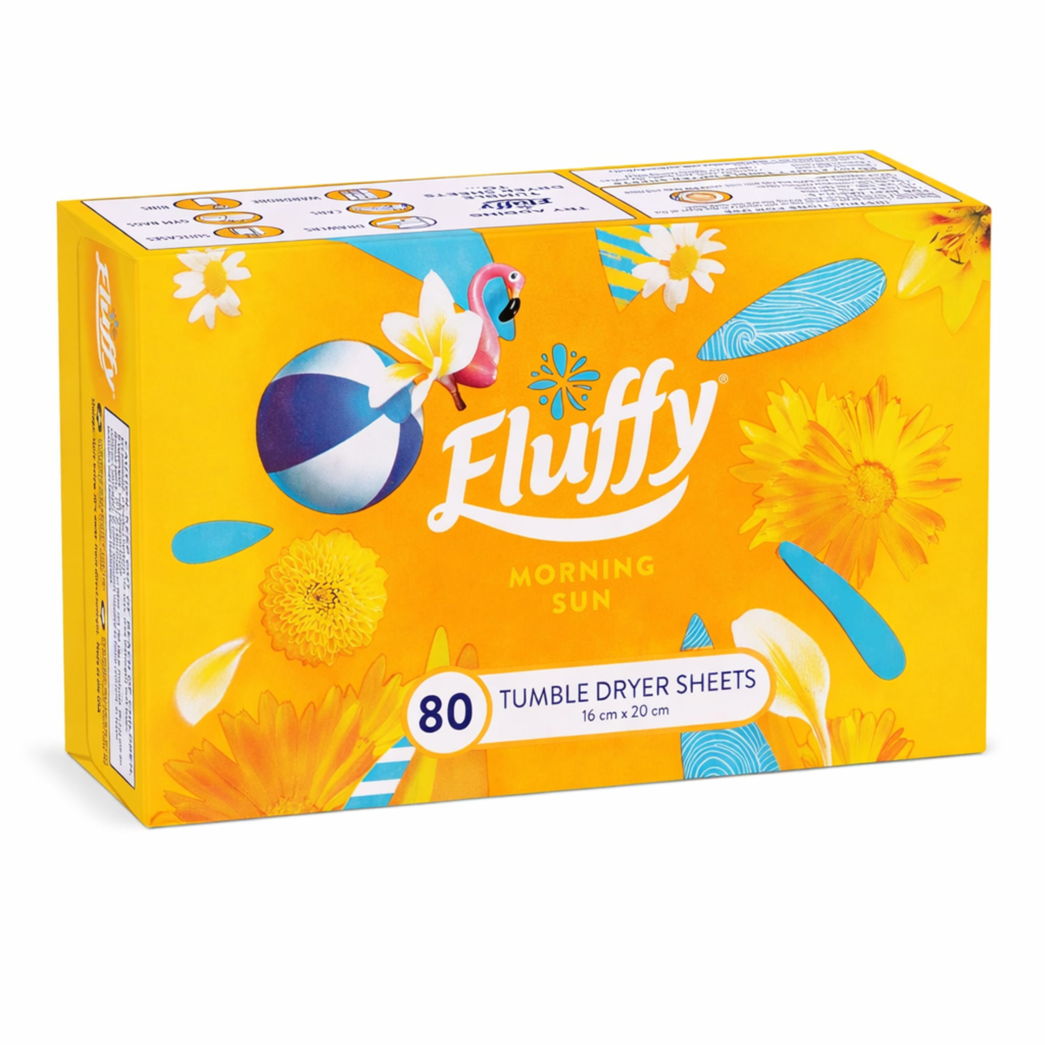 Box of Fluffy tumble dryer sheets with a yellow design on a white background