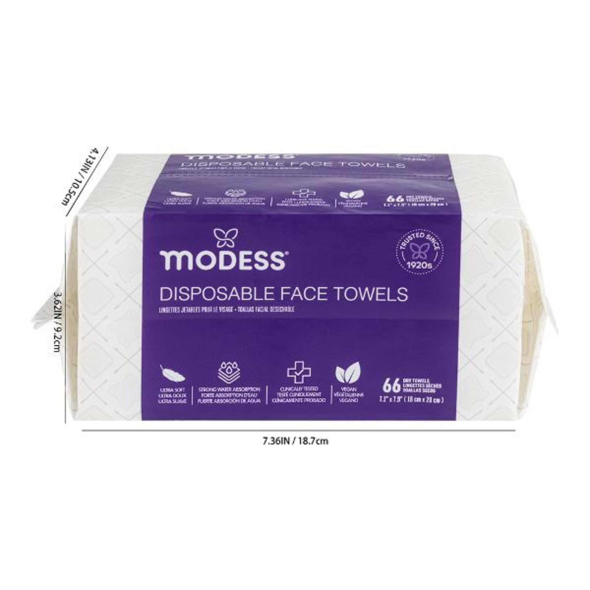 Front view of Modess Disposable Face Towels packaging highlighting product name and features