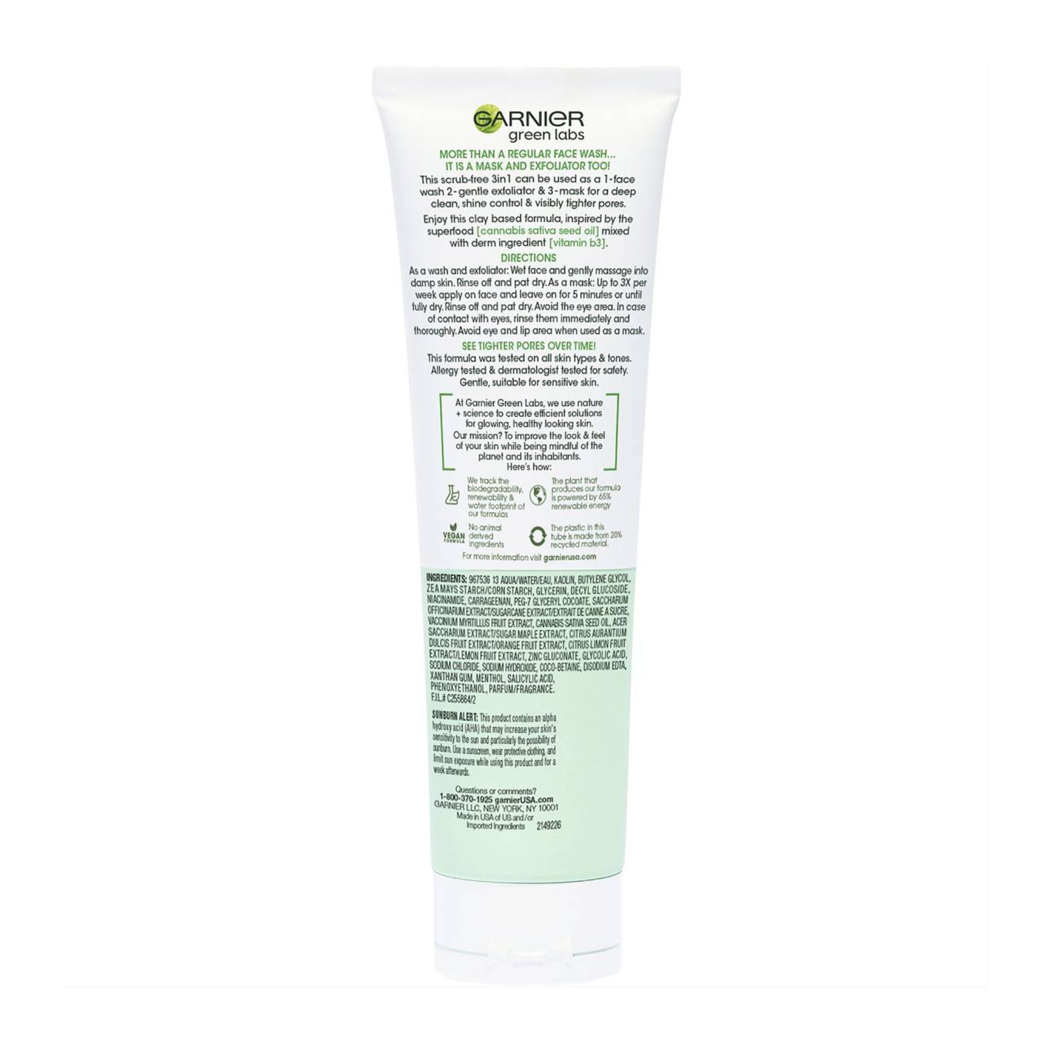 Garnier Green Labs Canna‑B 3‑in‑1 Pore Perfecting Cleanse • Exfoliate • Mask 130 mL
