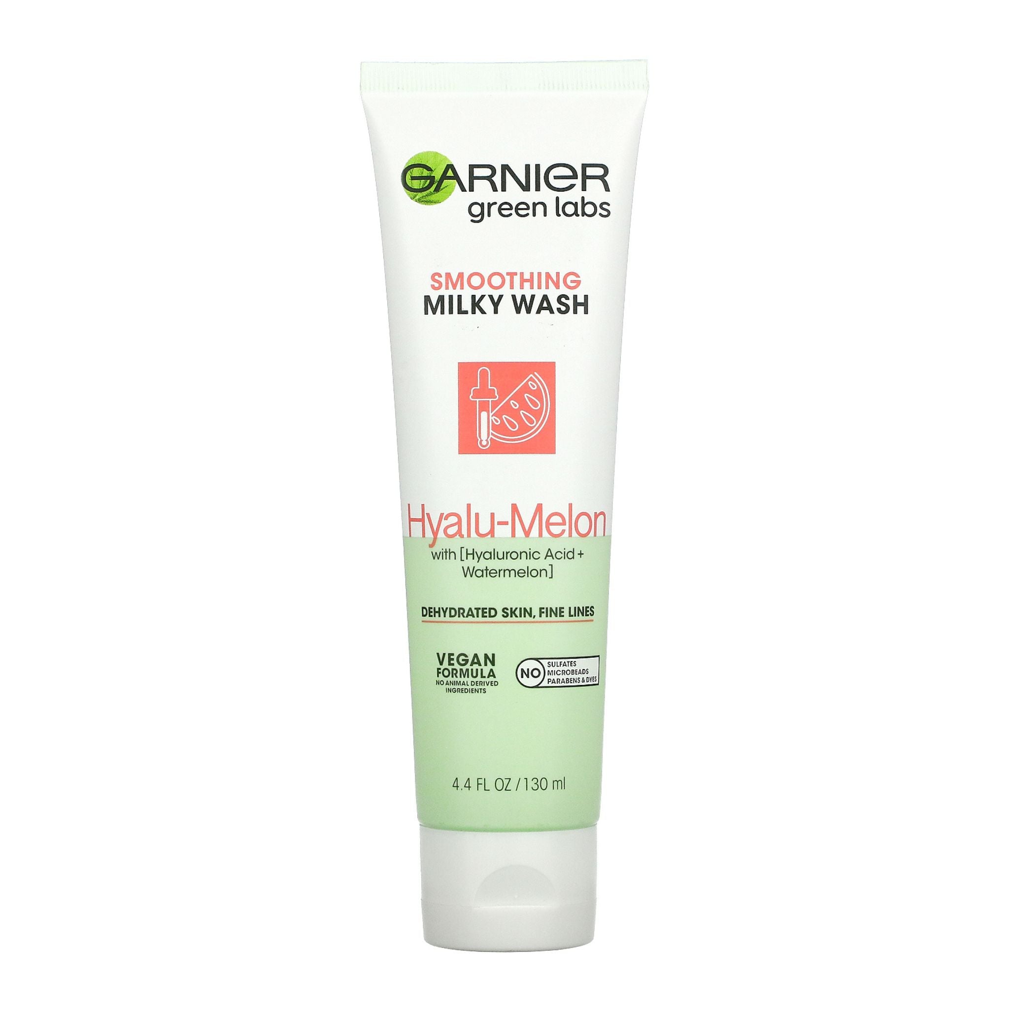 Garnier green labs Hyalu-Melon Smoothing Milky Wash tube on a white background