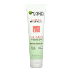 Garnier green labs Hyalu-Melon Smoothing Milky Wash tube on a white background