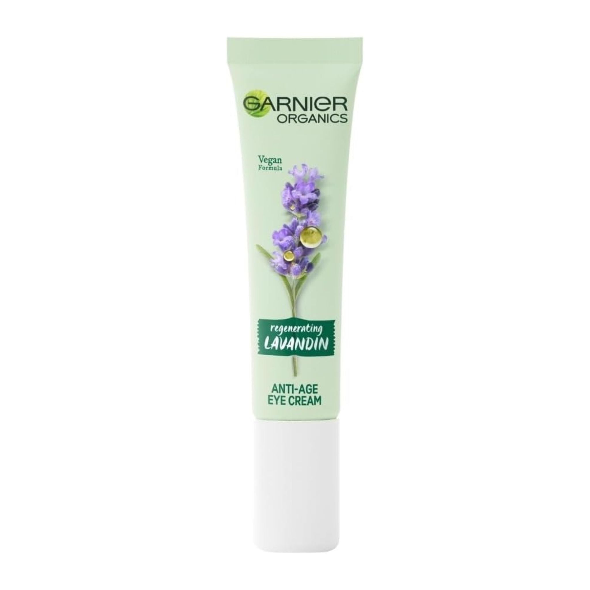 Garnier Organics Lavandin anti-age eye cream tube on a white background