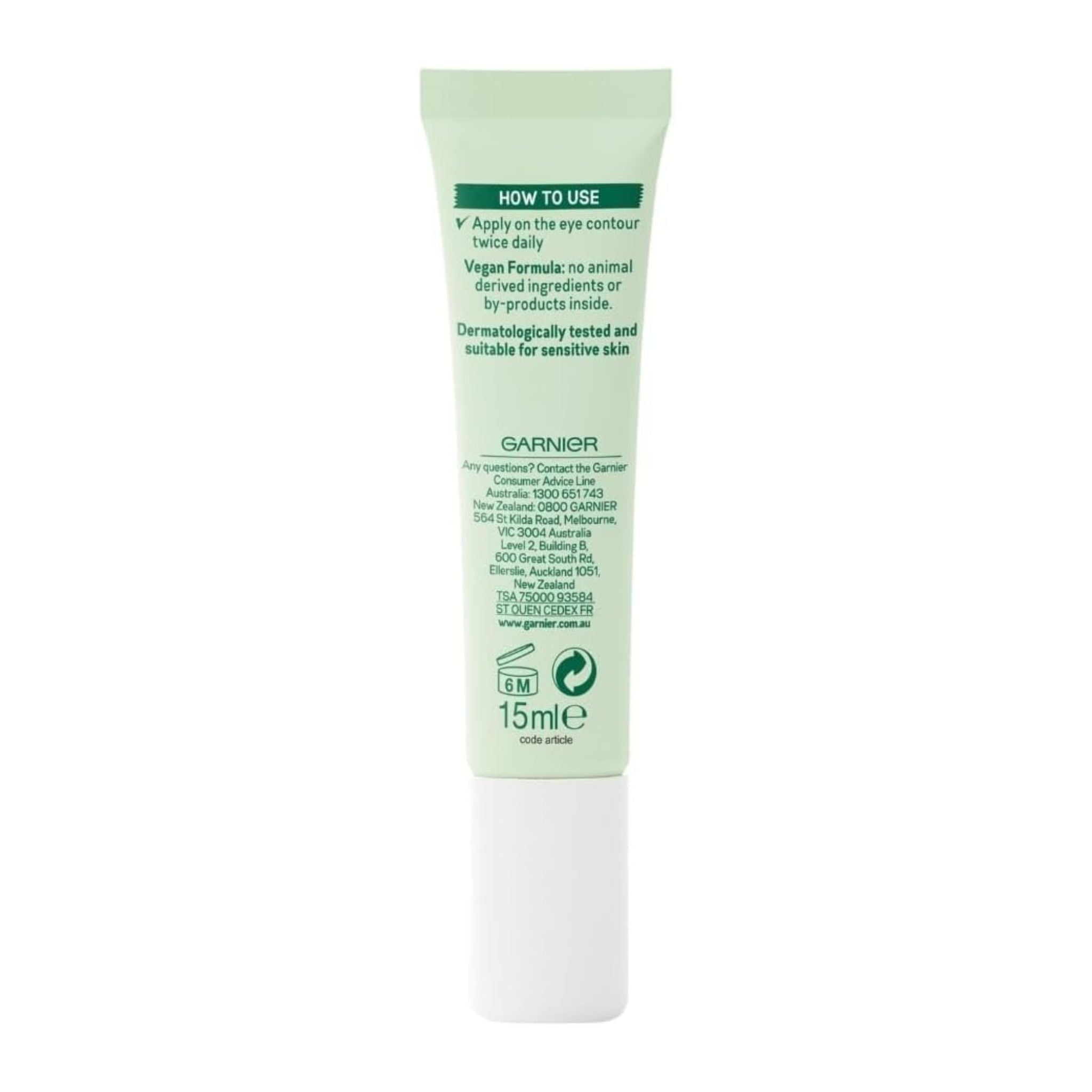 Garnier eye cream tube on a white background