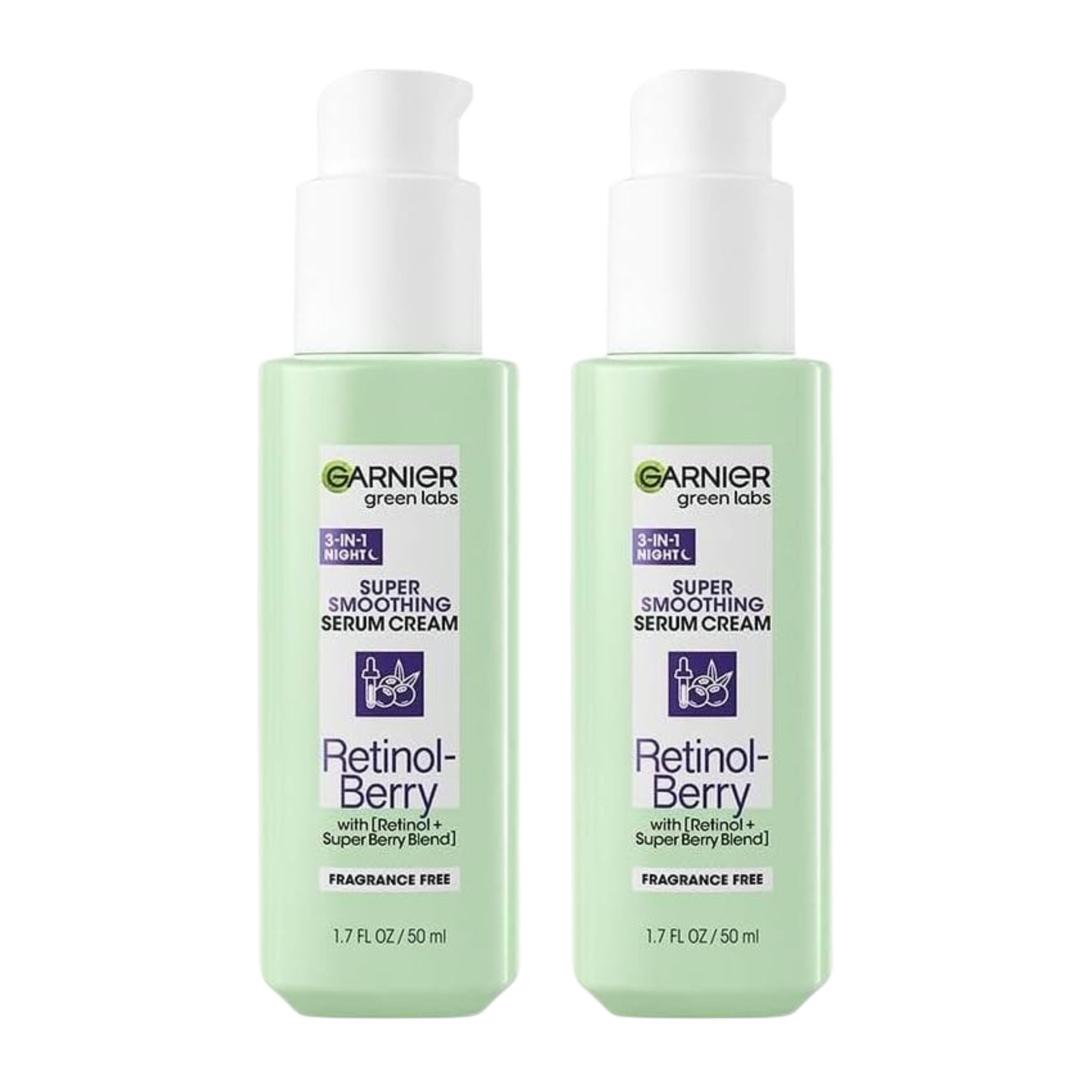 Two bottles of Garnier Green Labs Super Smoothing Serum Cream on a white background
