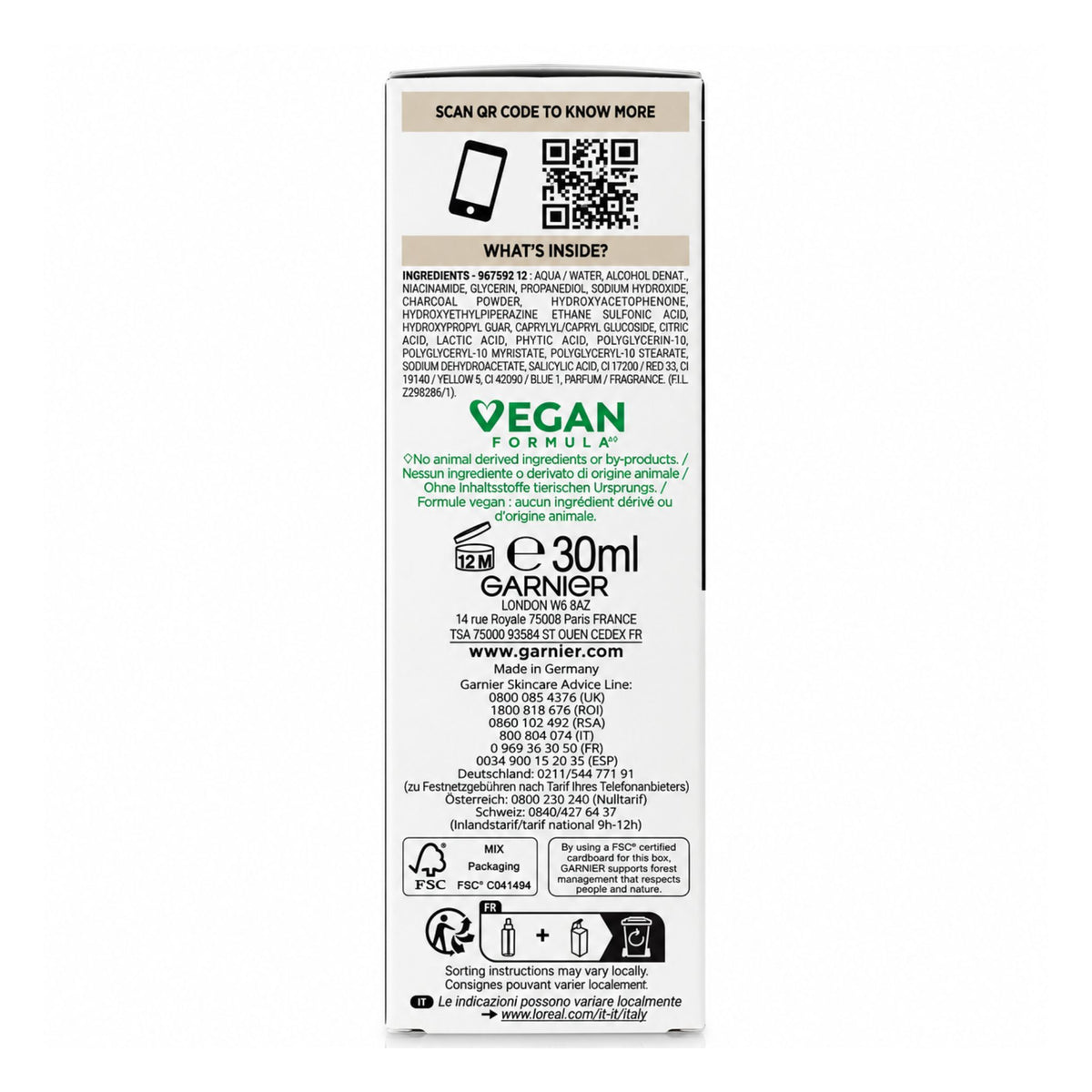 The back of a white 30ml box for Garnier Vegan Formula hair product, showing ingredients, QR code, and product details in black and green text.