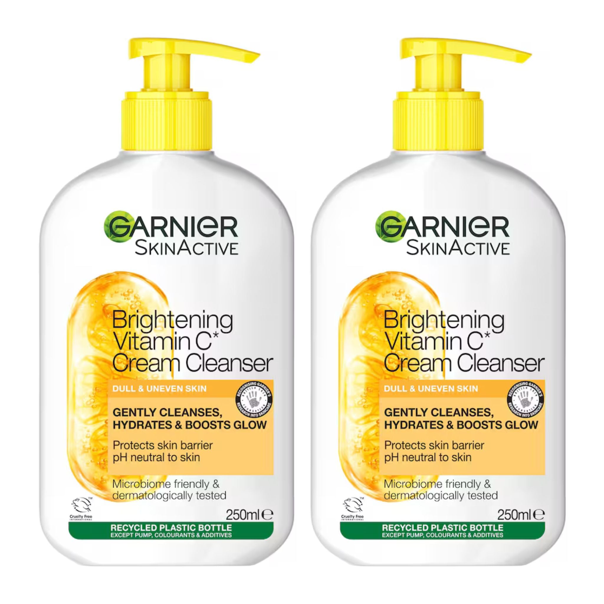 Two bottles of Garnier SkinActive Brightening Vitamin C Cream Cleanser side by side on a white background.