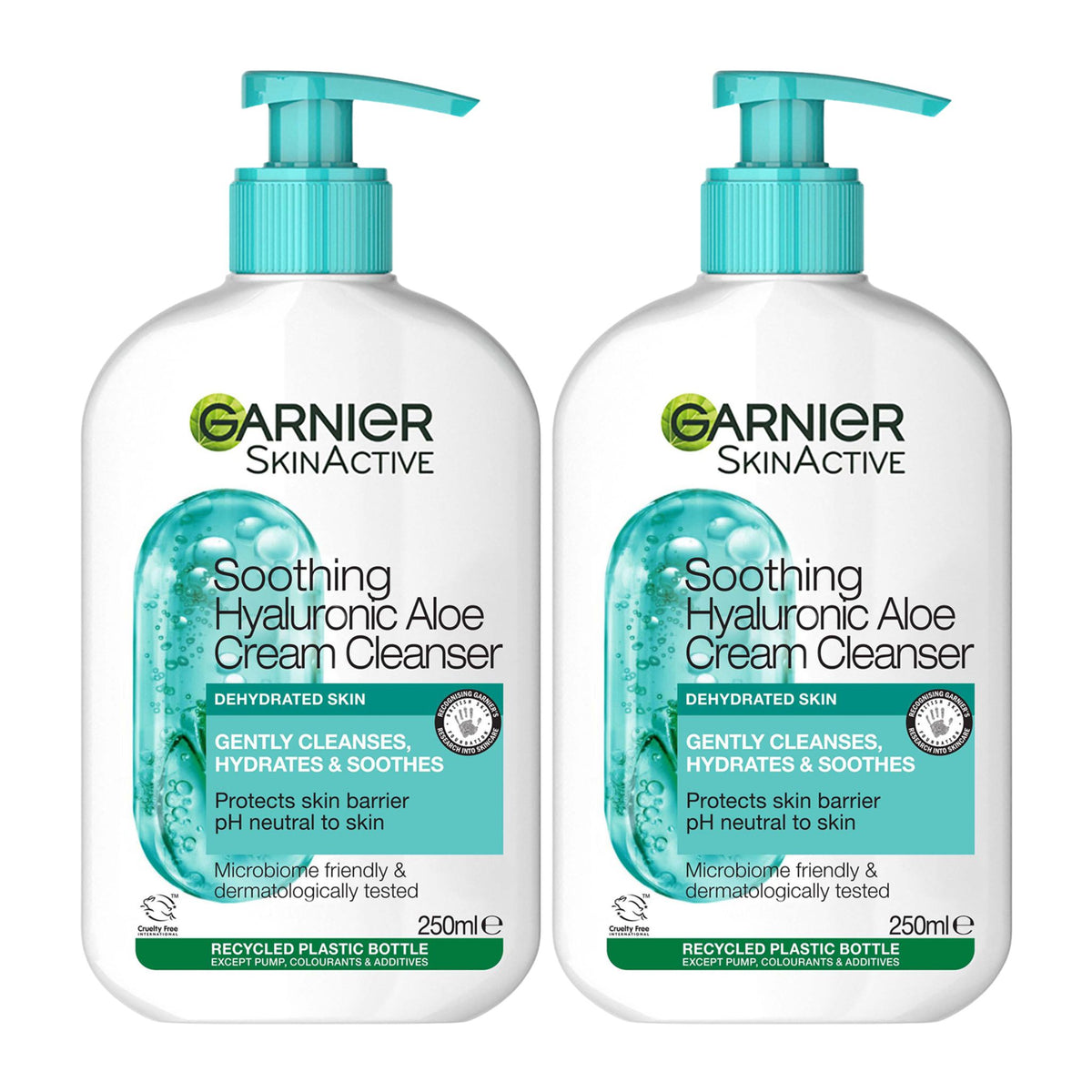 Two bottles of Garnier SkinActive Soothing Hyaluronic Aloe Cleanser side by side on a white background.