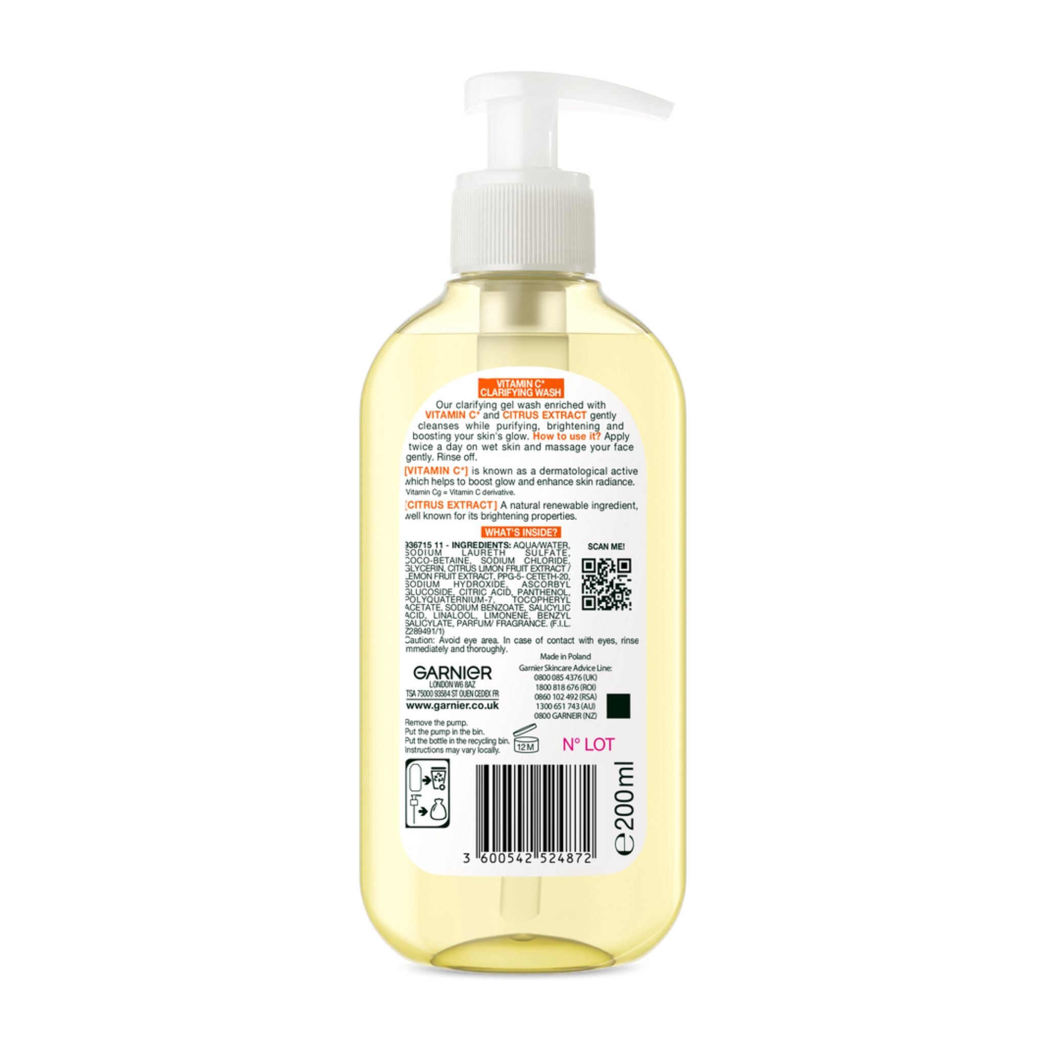 Back view of Garnier SkinActive Vitamin C Clarifying Wash 200ml