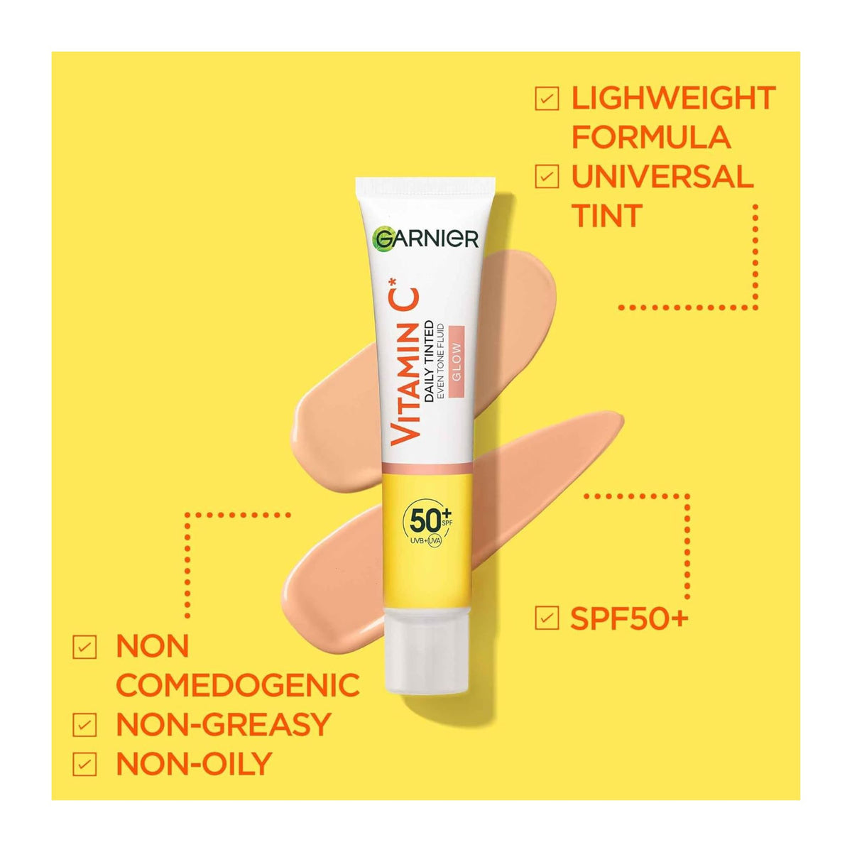 Garnier Vitamin C skincare tube on a yellow background with product features listed.