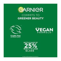 Garnier green label with branding and sustainability information on a white background