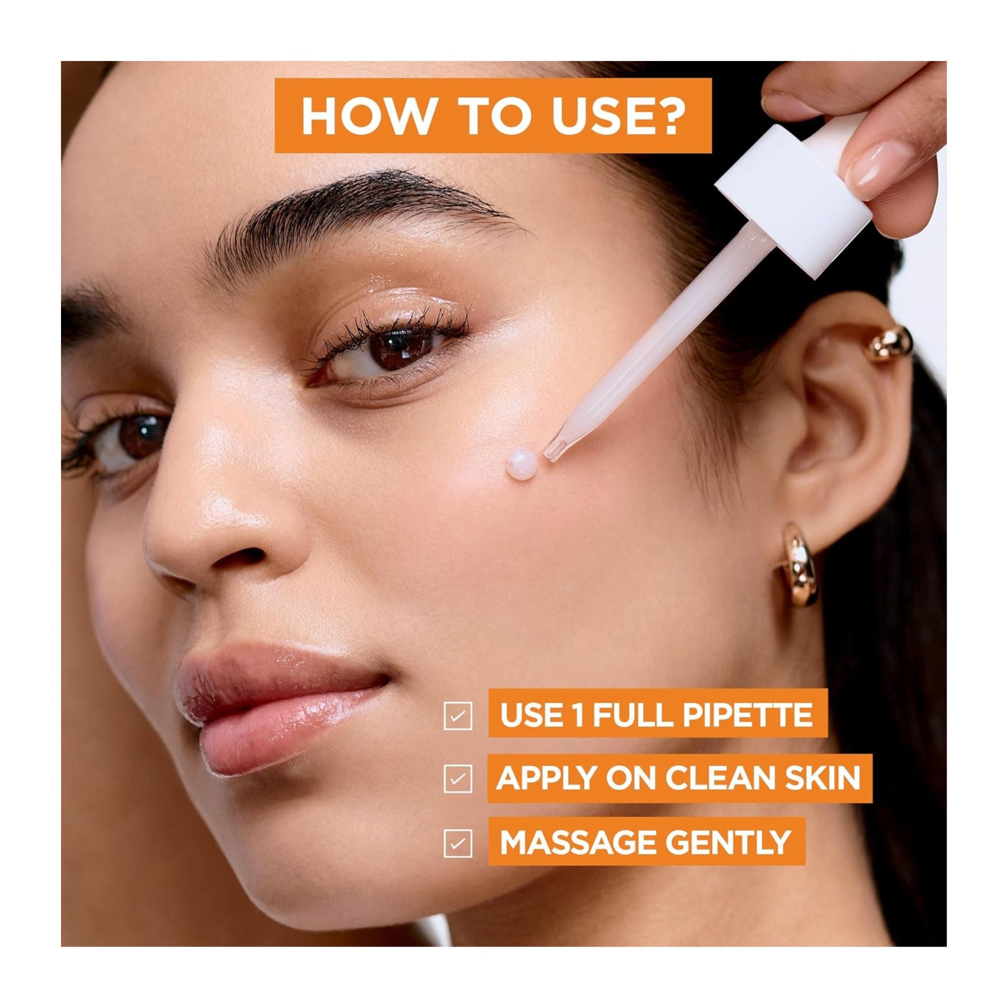 Woman applying a dropper of skincare product to her face with usage instructions displayed.