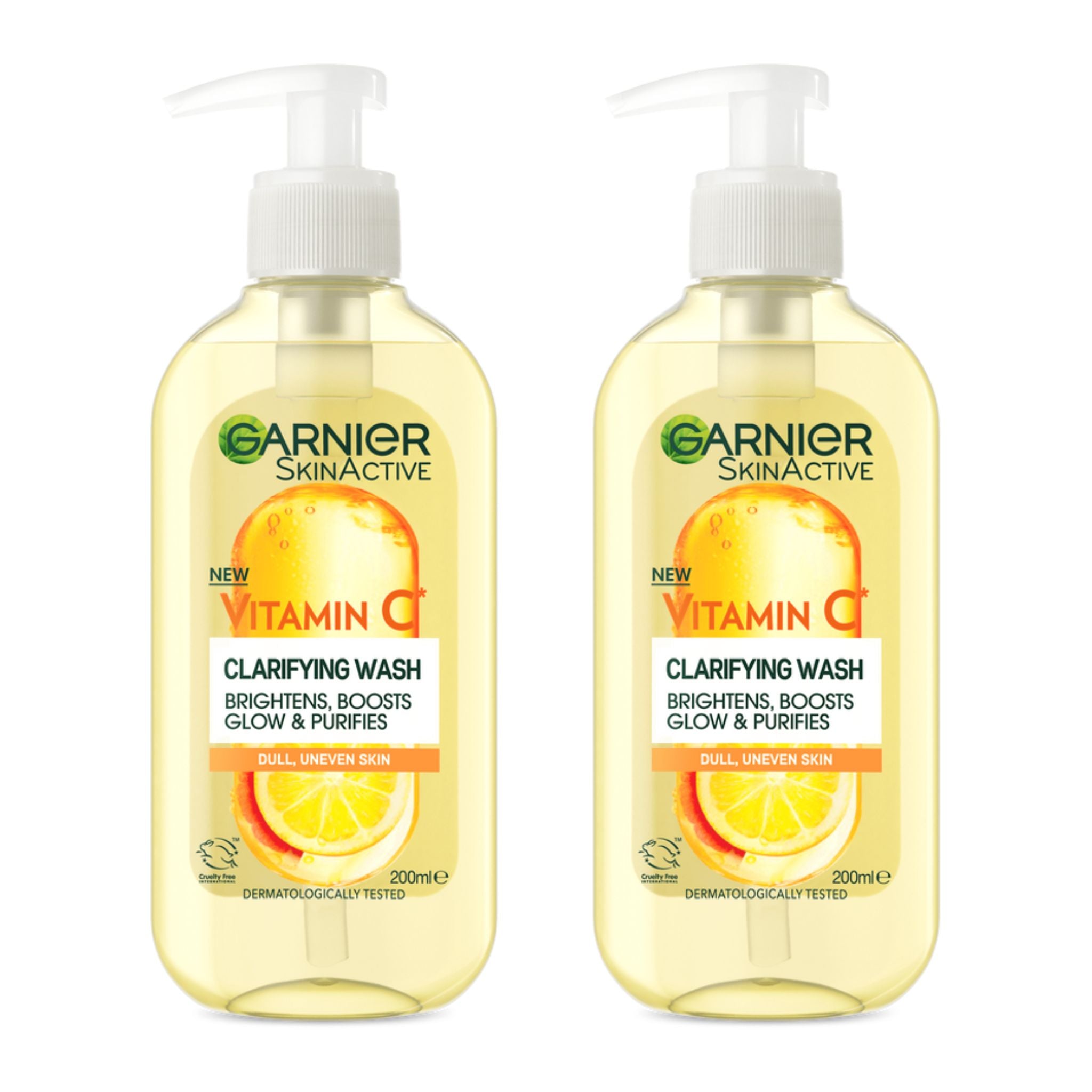Front view of Garnier SkinActive Vitamin C Clarifying Wash 200ml bottle