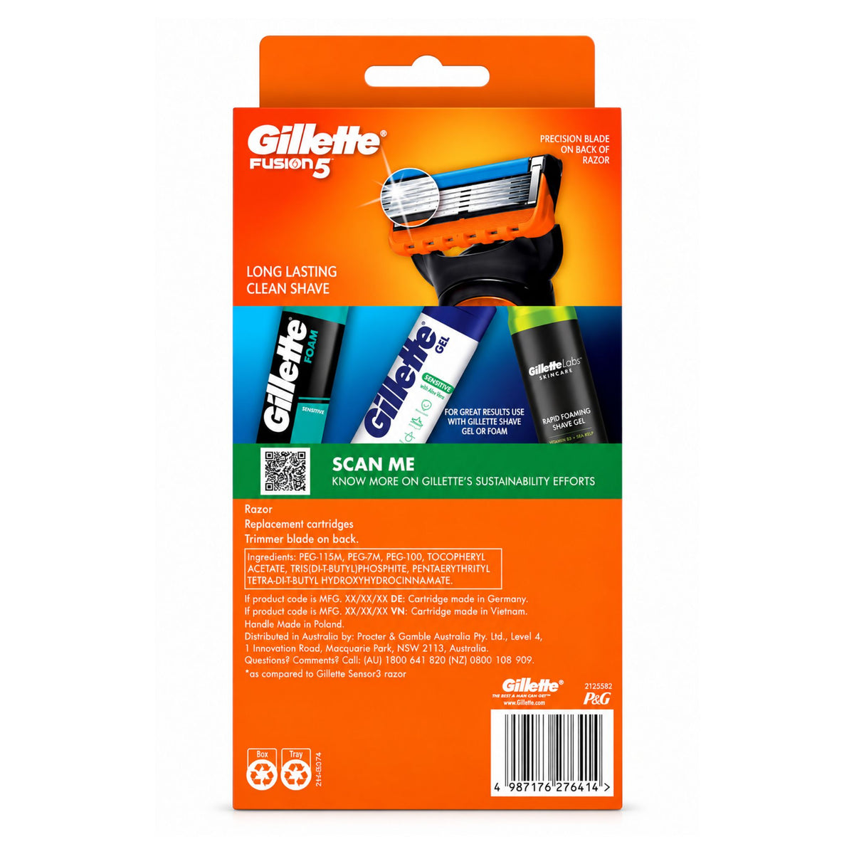 Gillette Fusion 5 razor replacement cartridge packaging, showing the back of the retail box with product information, a small product photo, a QR code, and a barcode on a white background.