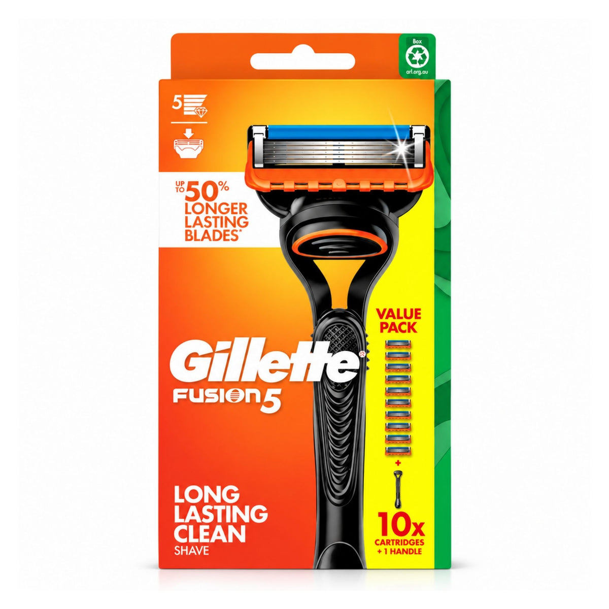 Gillette Fusion 5 value pack containing 10 shaver cartridges and a handle, in its original retail packaging.