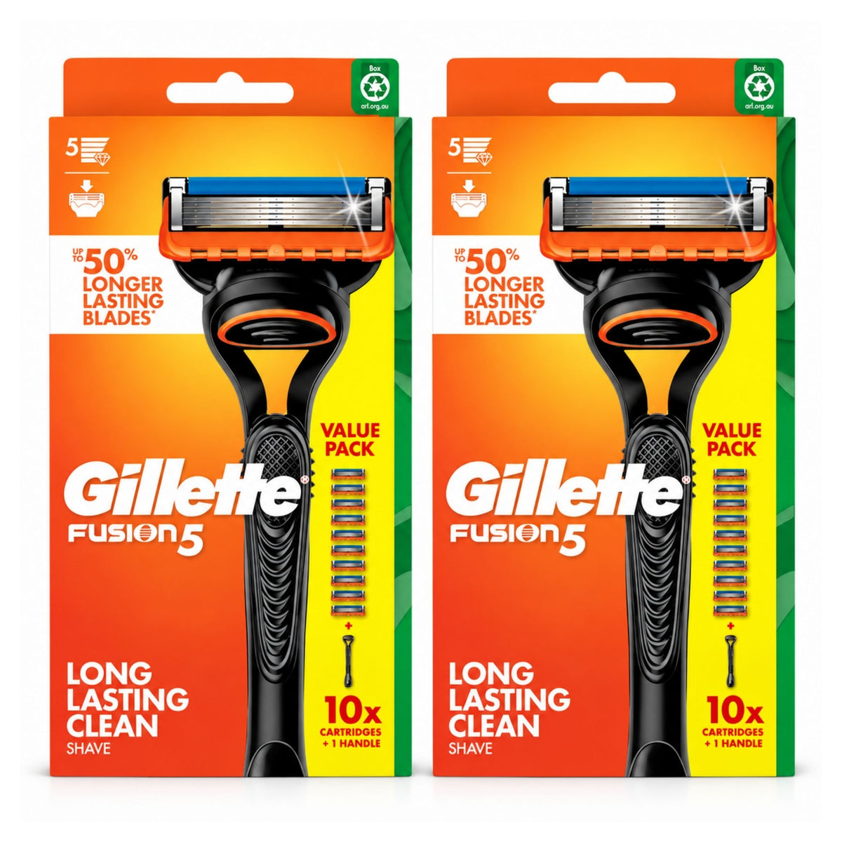 Two Gillette Fusion 5 shave packs side by side on a white background, each showing a black and orange manual razor with a blue accent and promotional text for long-lasting blades.