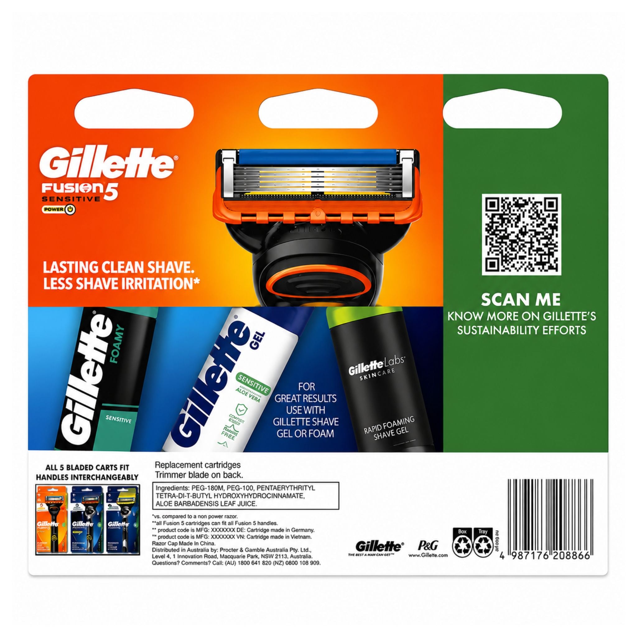 Gillette Fusion5 razor packaging with multiple razors and a QR code on a white background