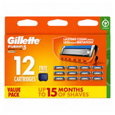Gillette Fusion5 razor cartridge pack with 12 cartridges on an orange background