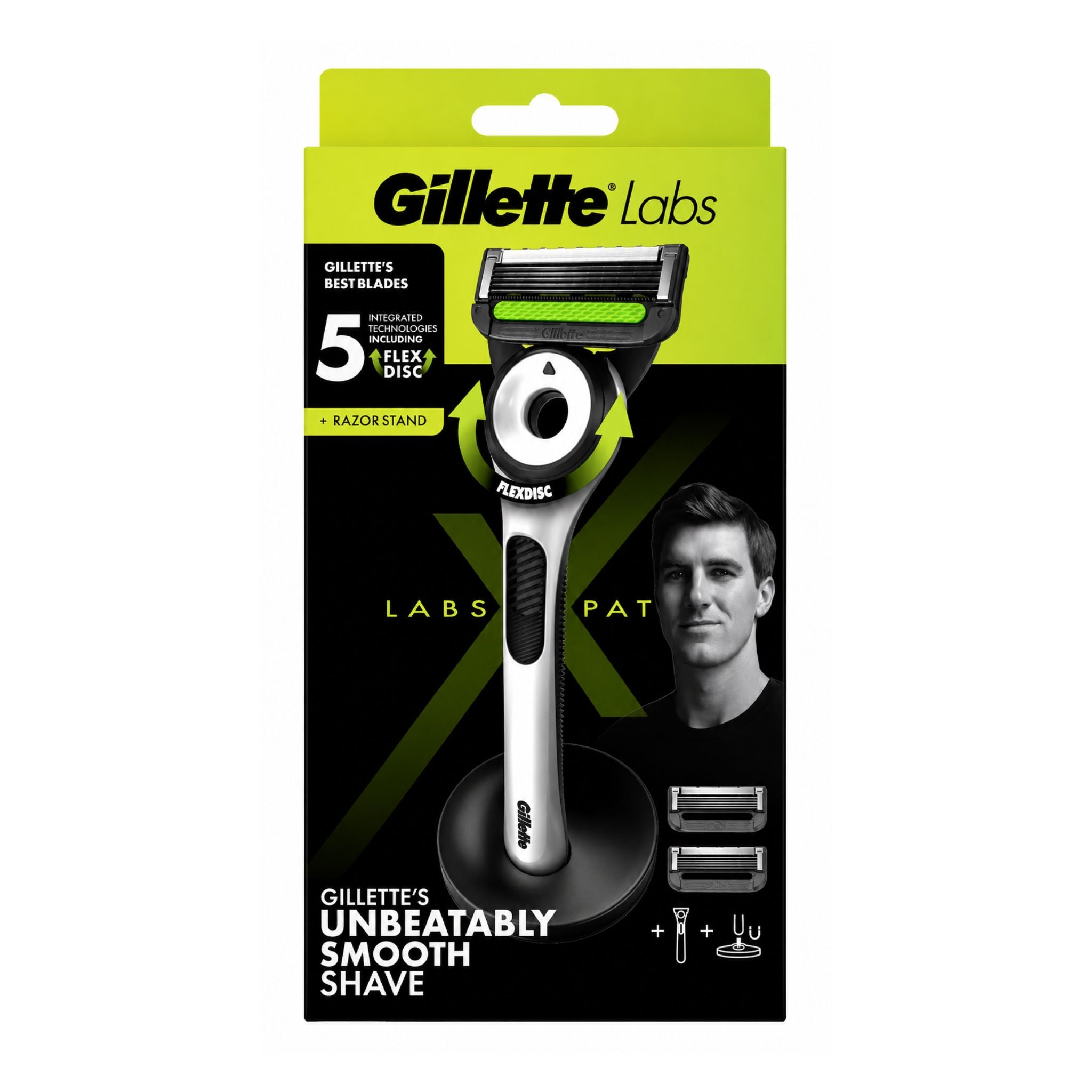 Gillette Labs razor packaging with branding and product details on a white background