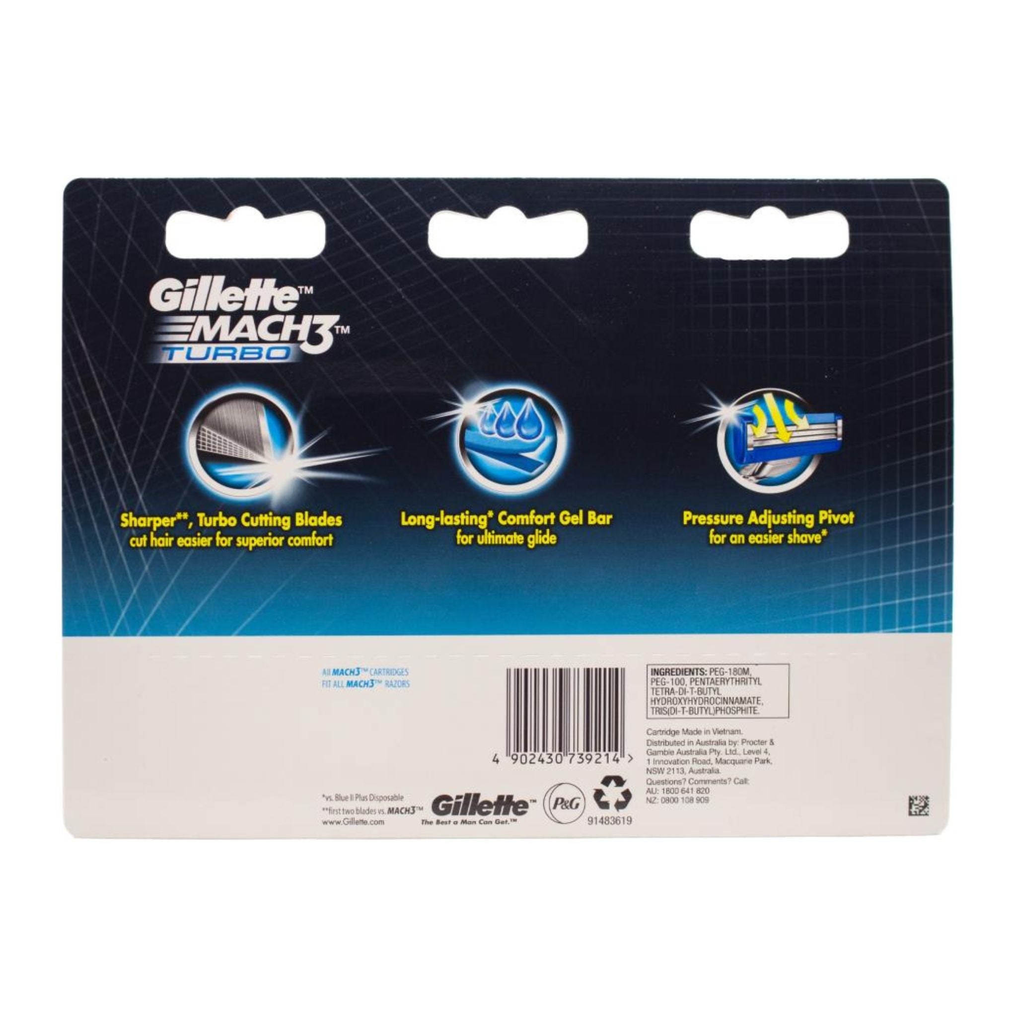 Back view displaying product details of Gillette Mach3 Turbo Razor Cartridges 8 Pack