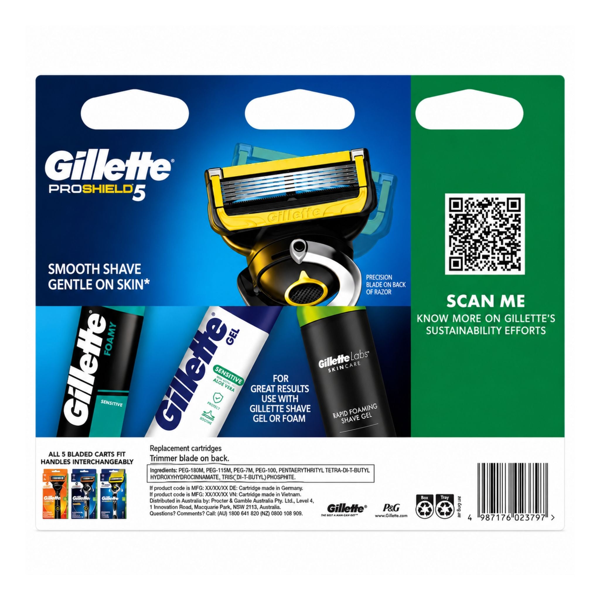 Gillette ProShield5 shaving product packaging with a QR code on a white background