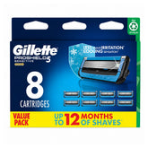 Packaging of Gillette ProShield5 sensitive razors with 8 cartridges on a white background