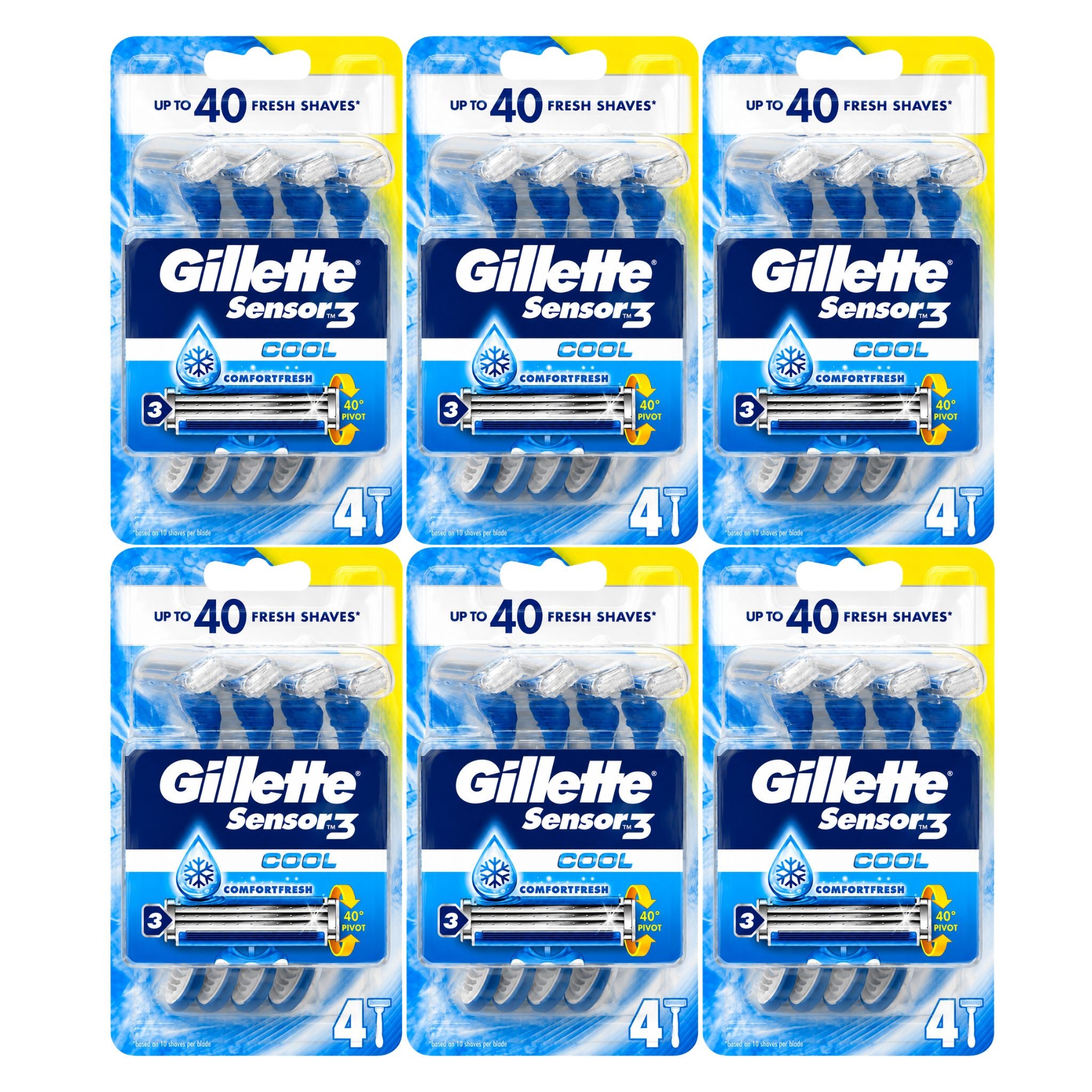 Six packs of Gillette Sensor3 Cool Shave Touch disposable razors arranged in a 2x3 grid on a plain white background.