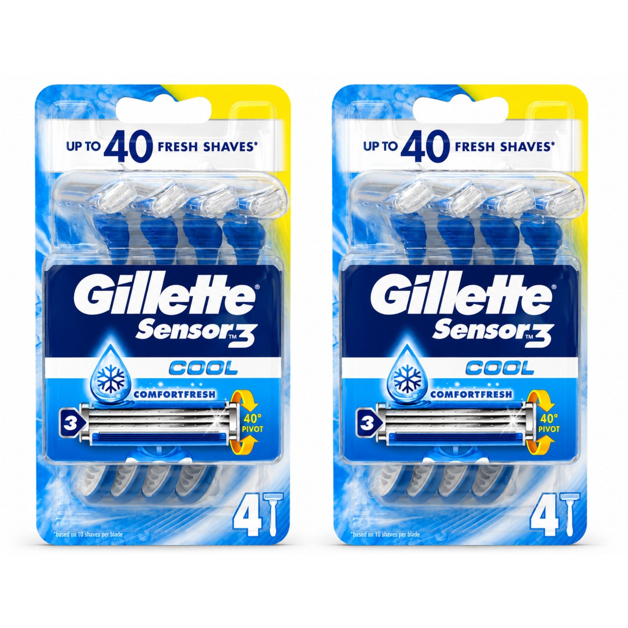 Two packages of Gillette Sensor3 Cool men's shaving replacement blades, 4 count each, shown side by side on a white background.