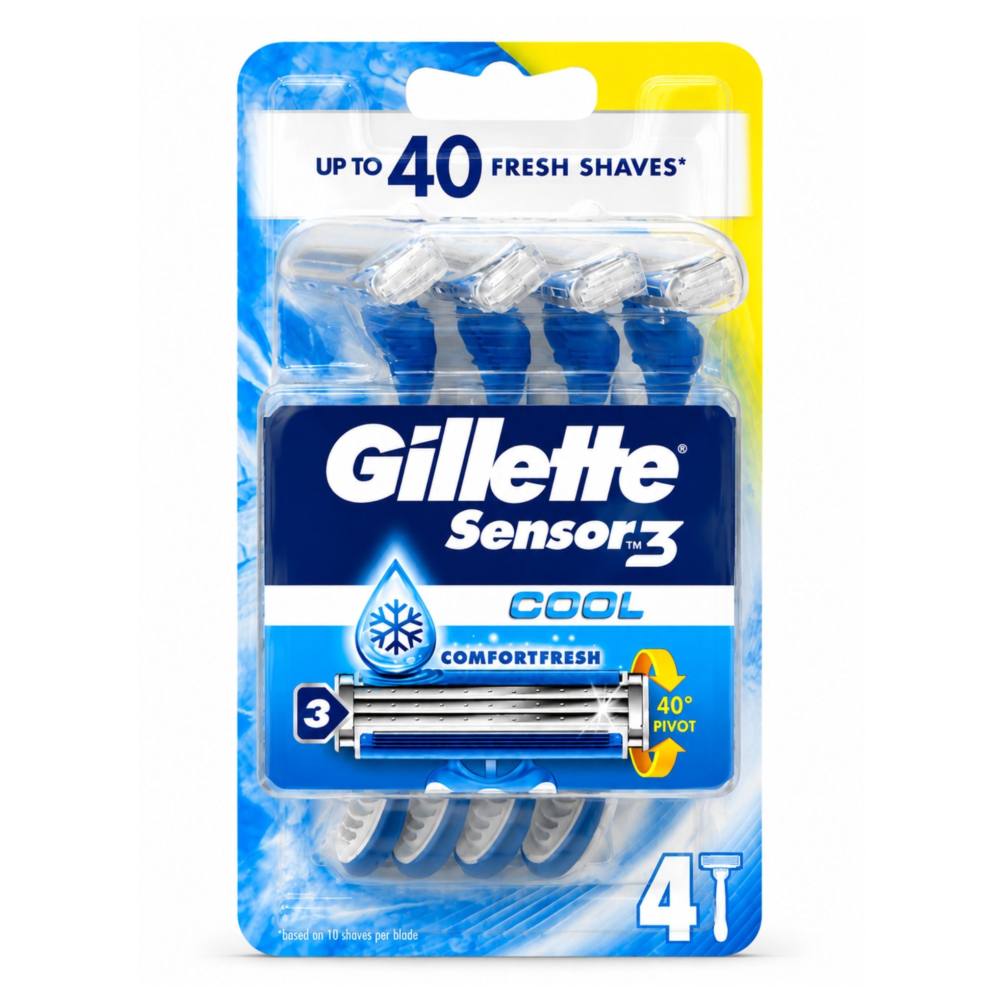 Gillette Sensor.3 Cool ComfortFresh 4-pack razor refill package, featuring blue and white packaging with a clear plastic blister containing four blue and white razor heads.