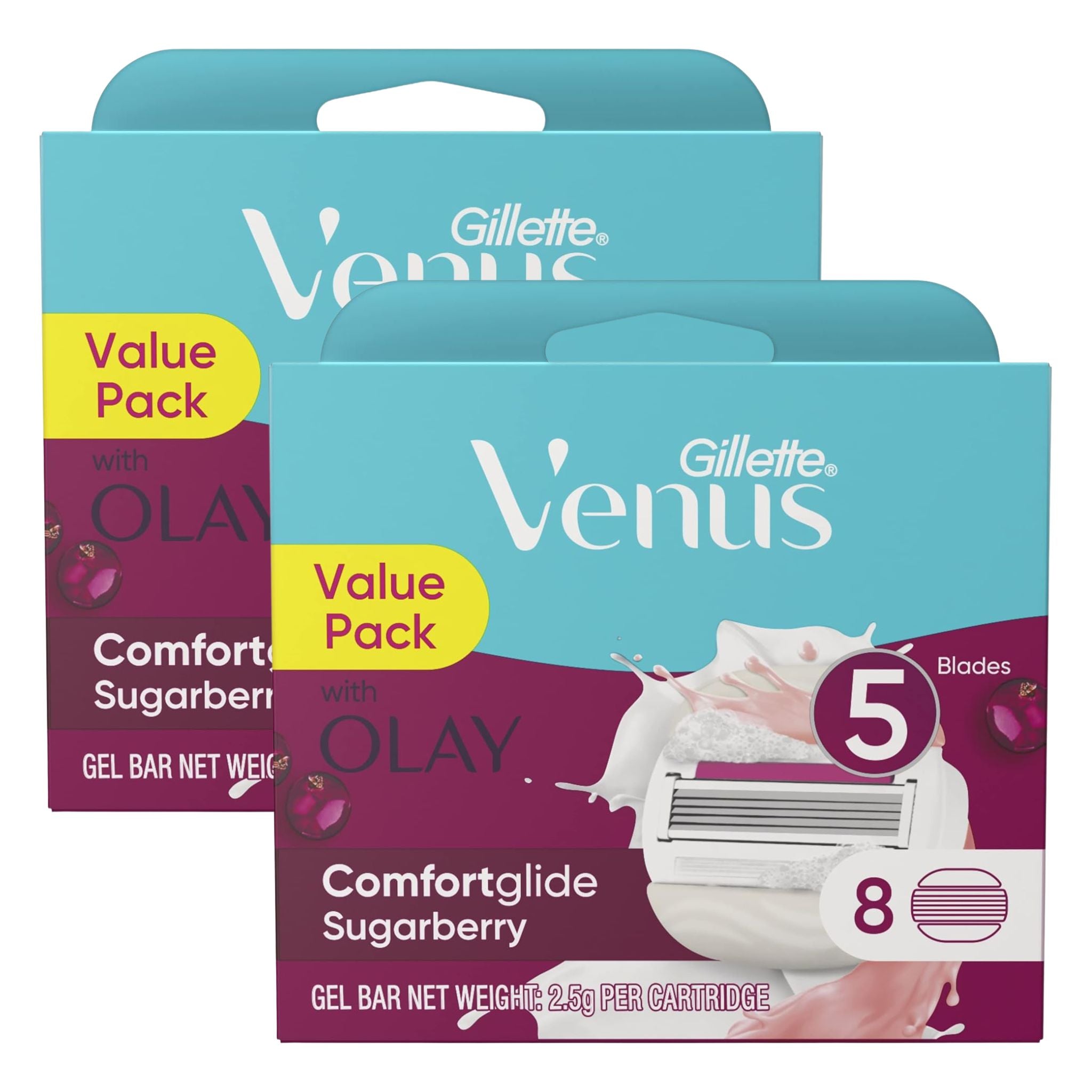 Gillette Venus Comfortglide Sugarberry razor blade refills with Olay, value pack multipack containing 2 packs of 8 cartridges each, featuring 5-blade cartridges on a white background.