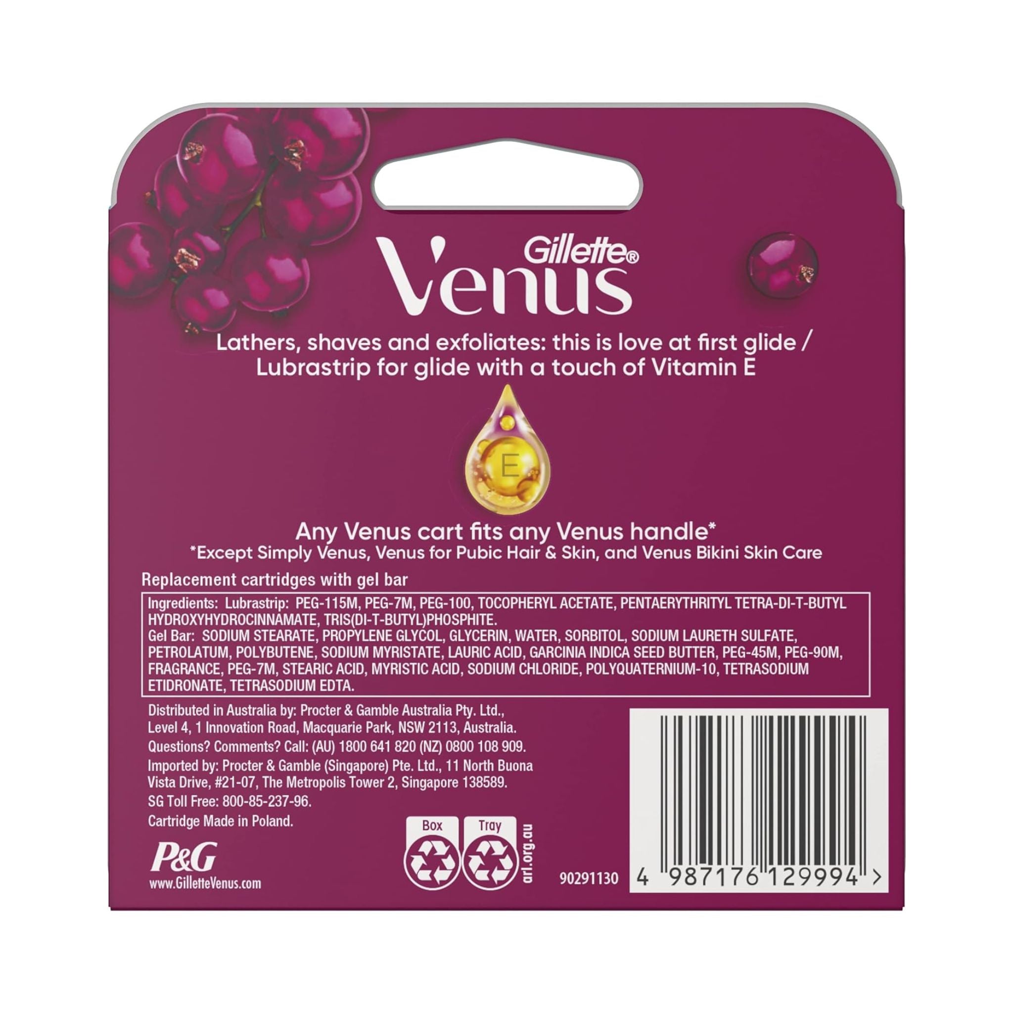 Back view showing product details of Gillette Venus ComfortGlide Sugarberry Refills